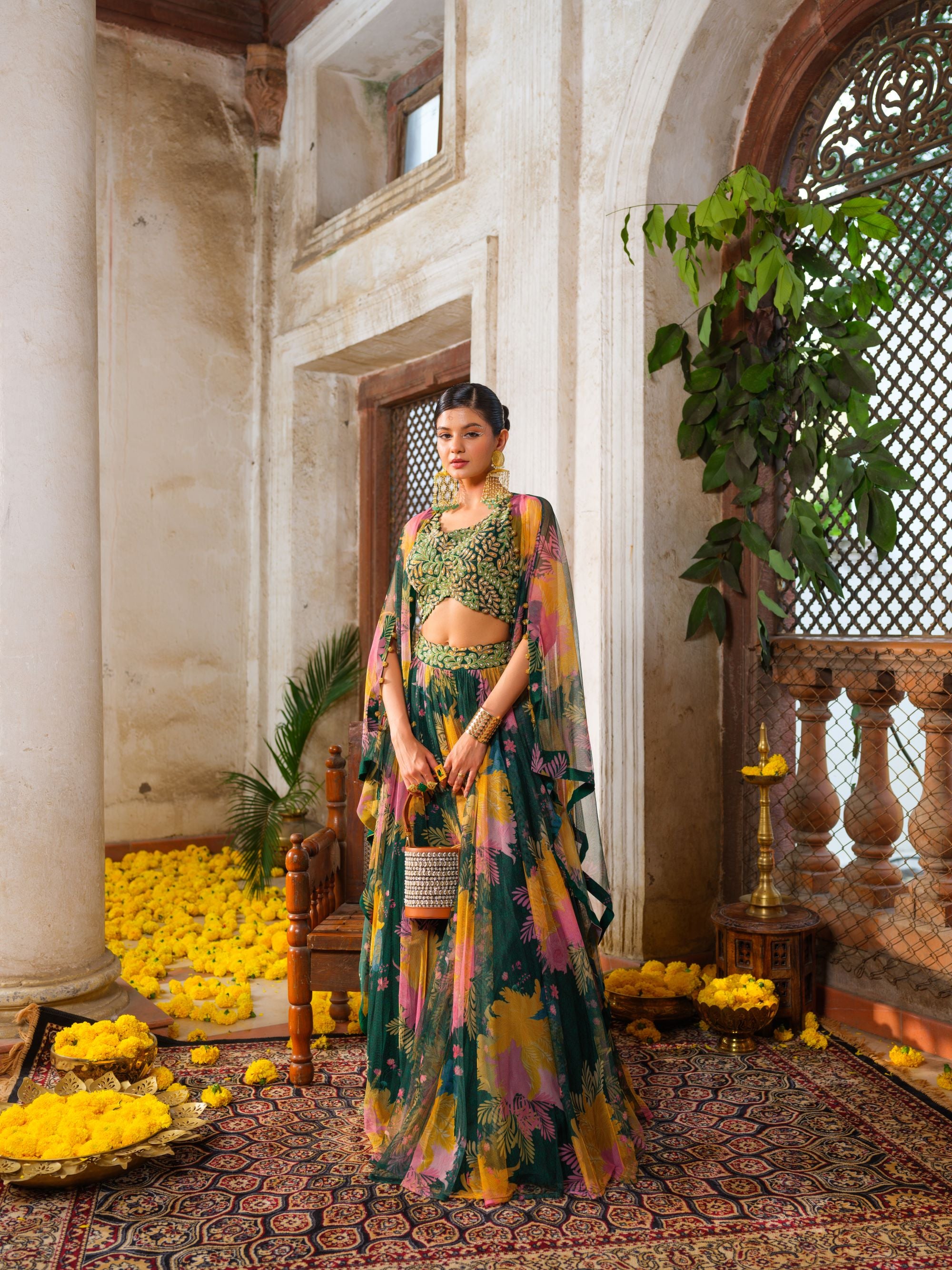 Emerald Green 'cape Lehenga Set