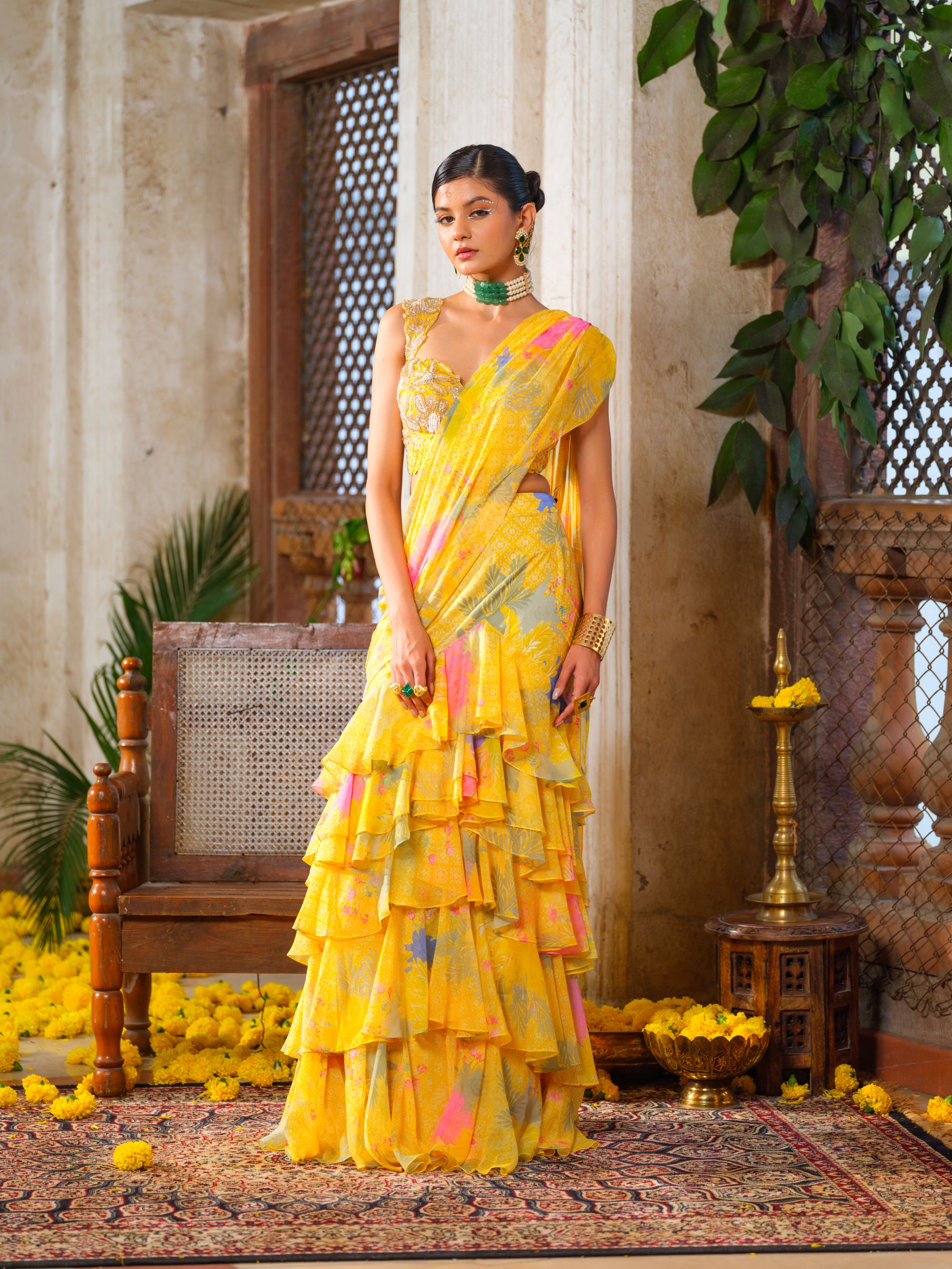 Yellow Drape Ruffled Saree