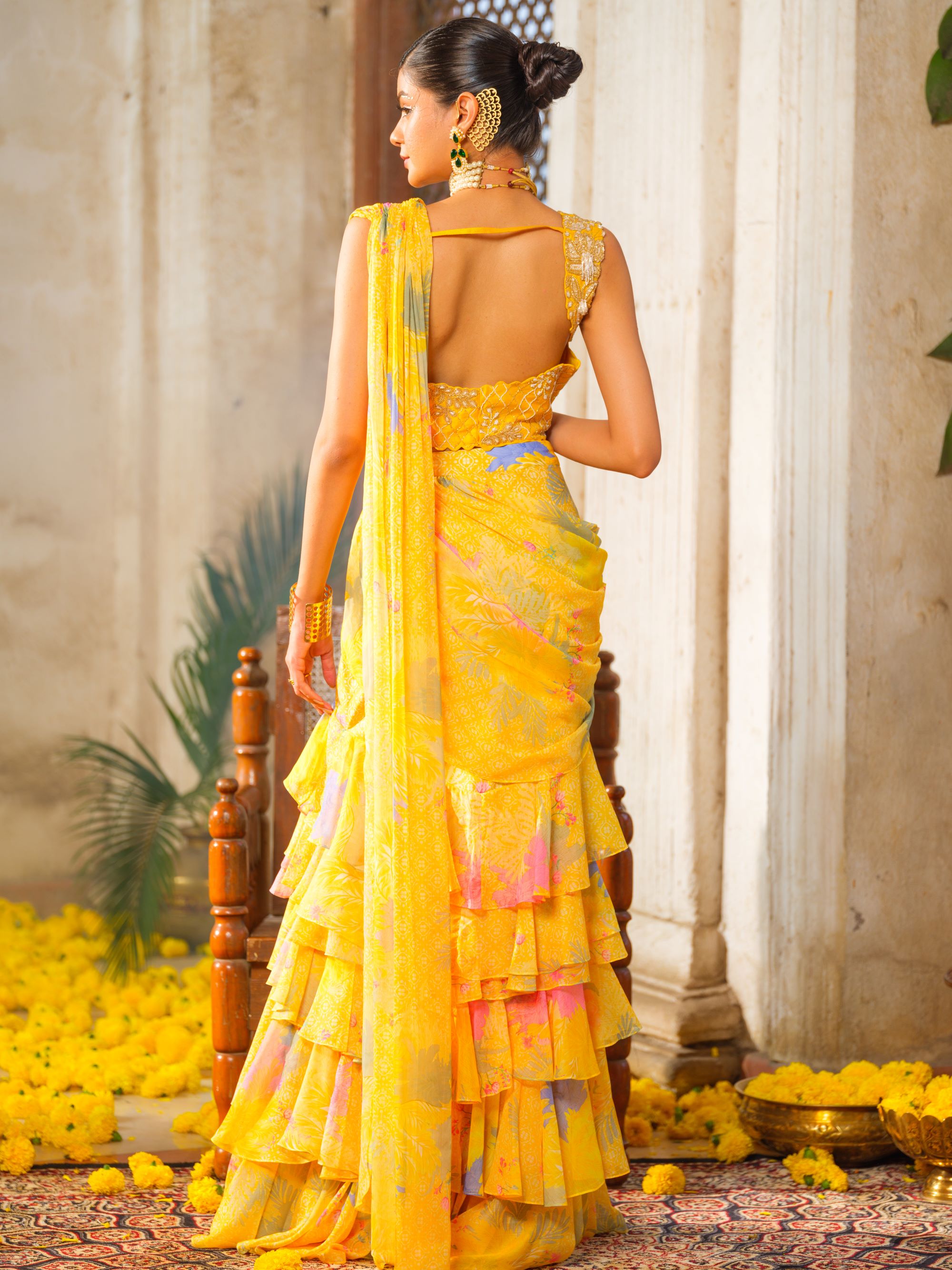 Yellow Drape Ruffled Saree