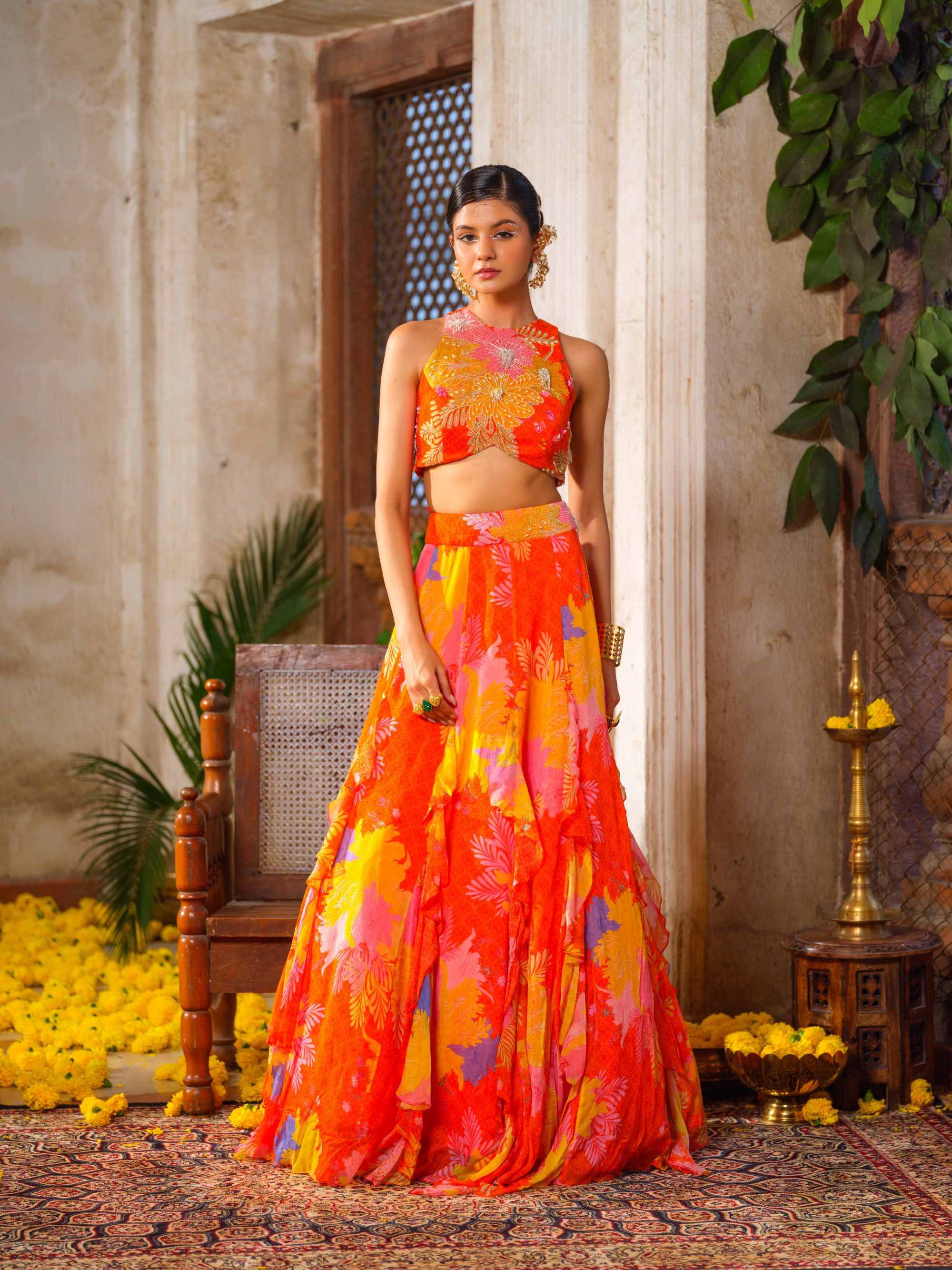 Orange Ruffled Lehenga Set