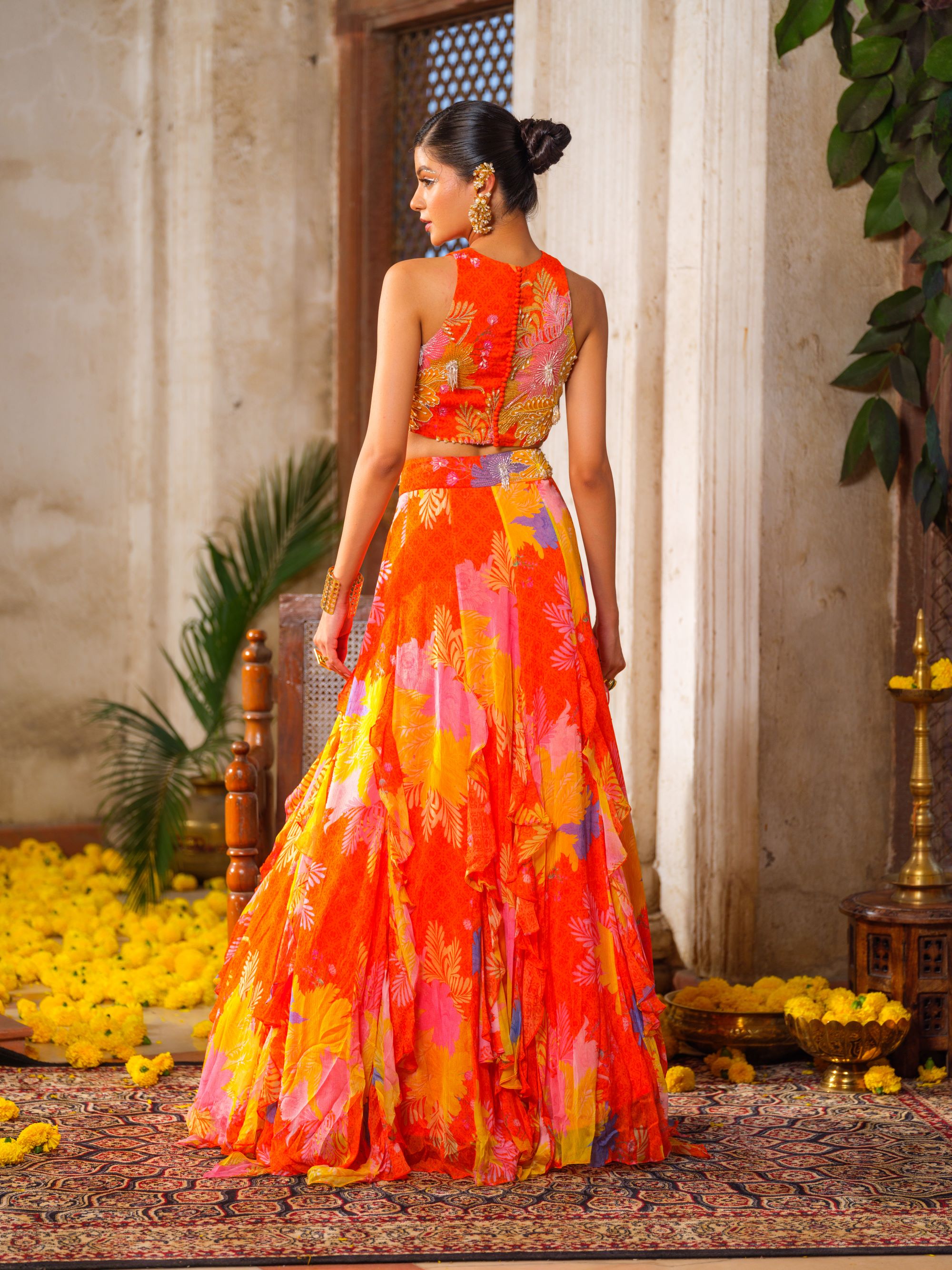 Orange Ruffled Lehenga Set