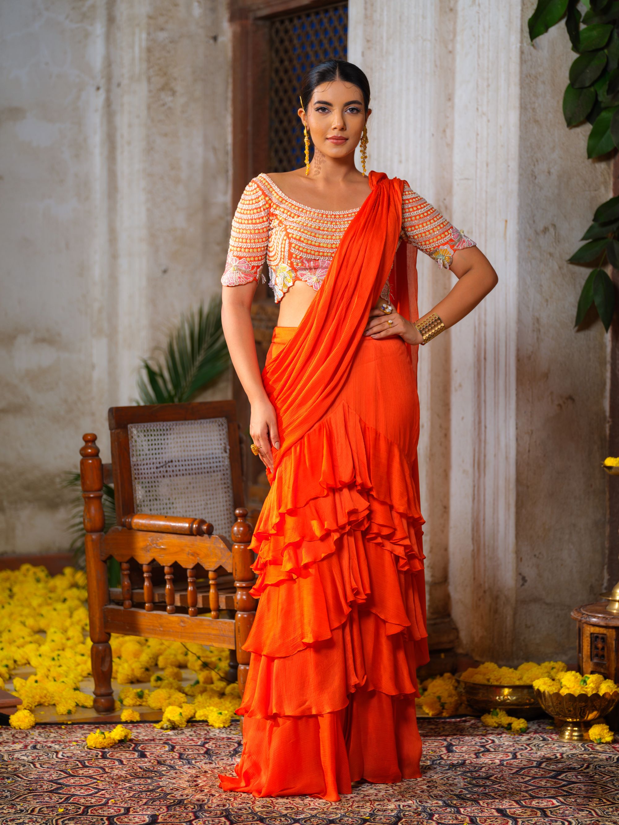 Orange Ruffled Saree Set