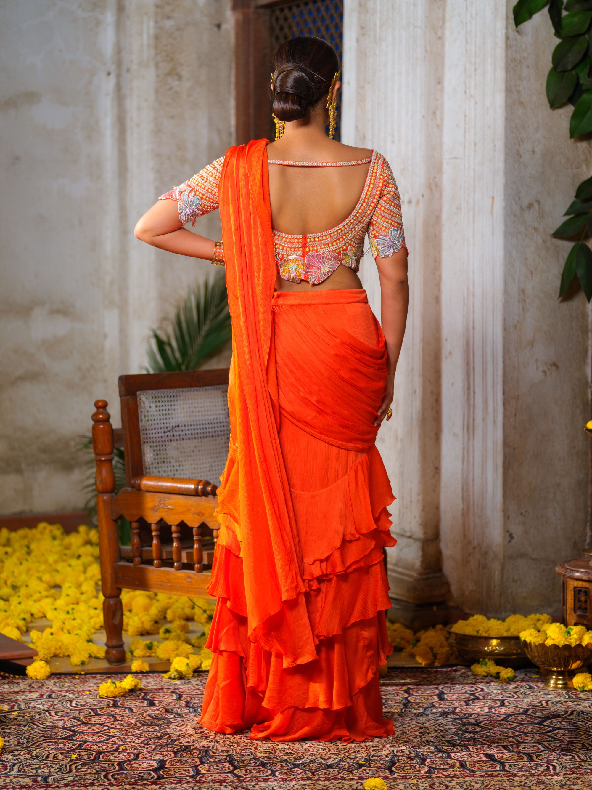 Orange Ruffled Saree Set