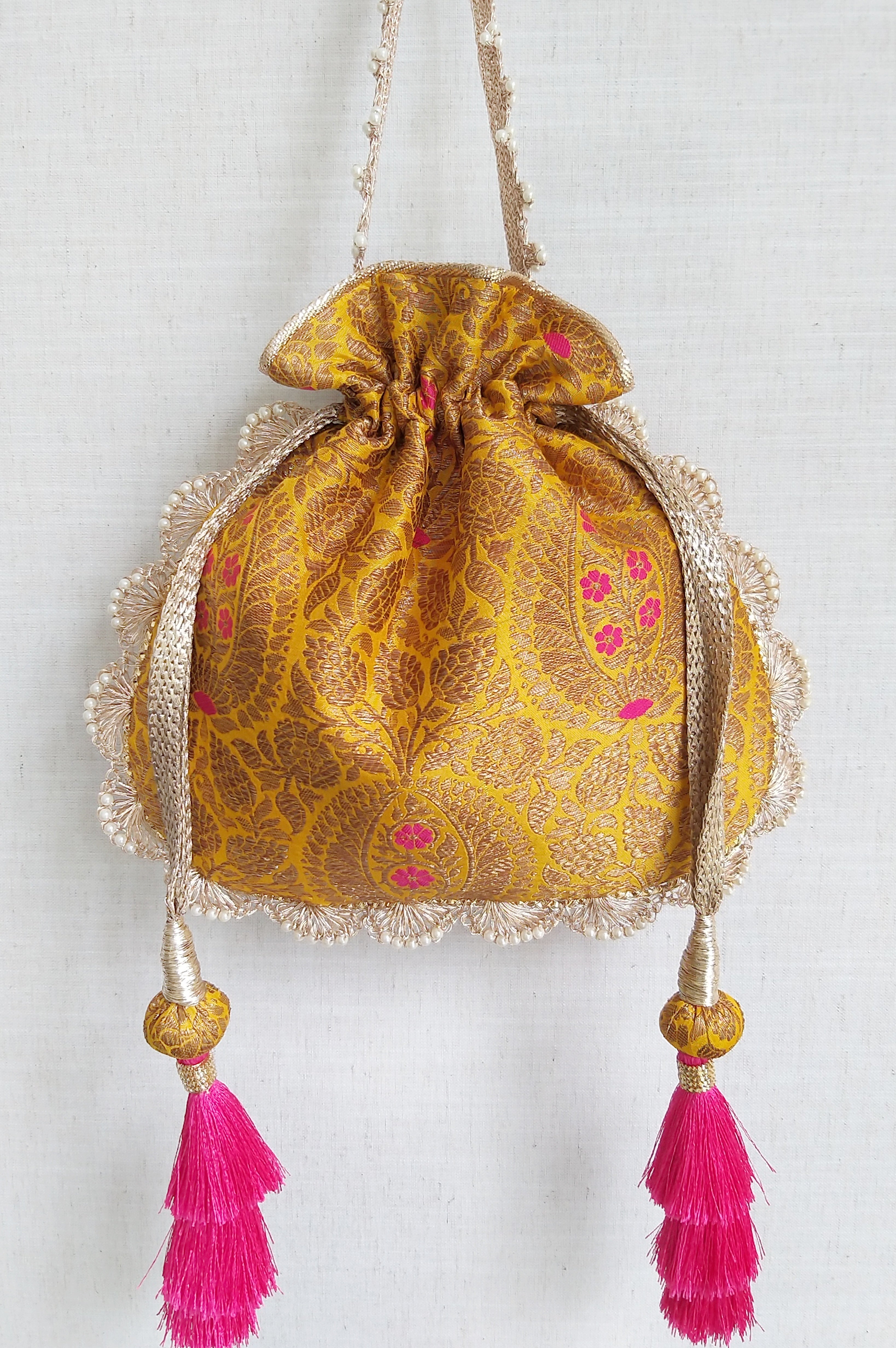 Kashi Yellow Banarasi Silk Potli