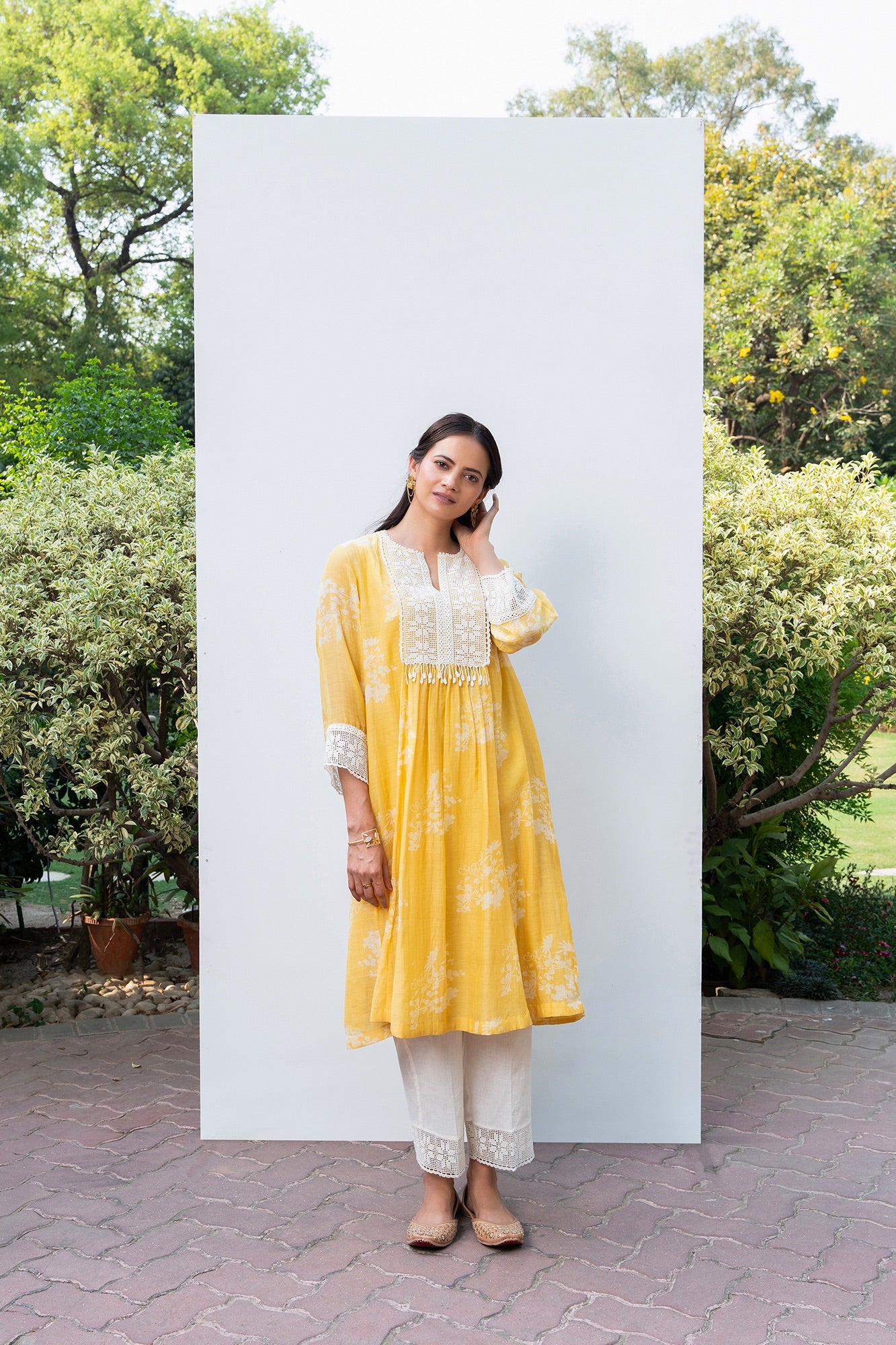 Yellow Gathered Chanderi Kurta