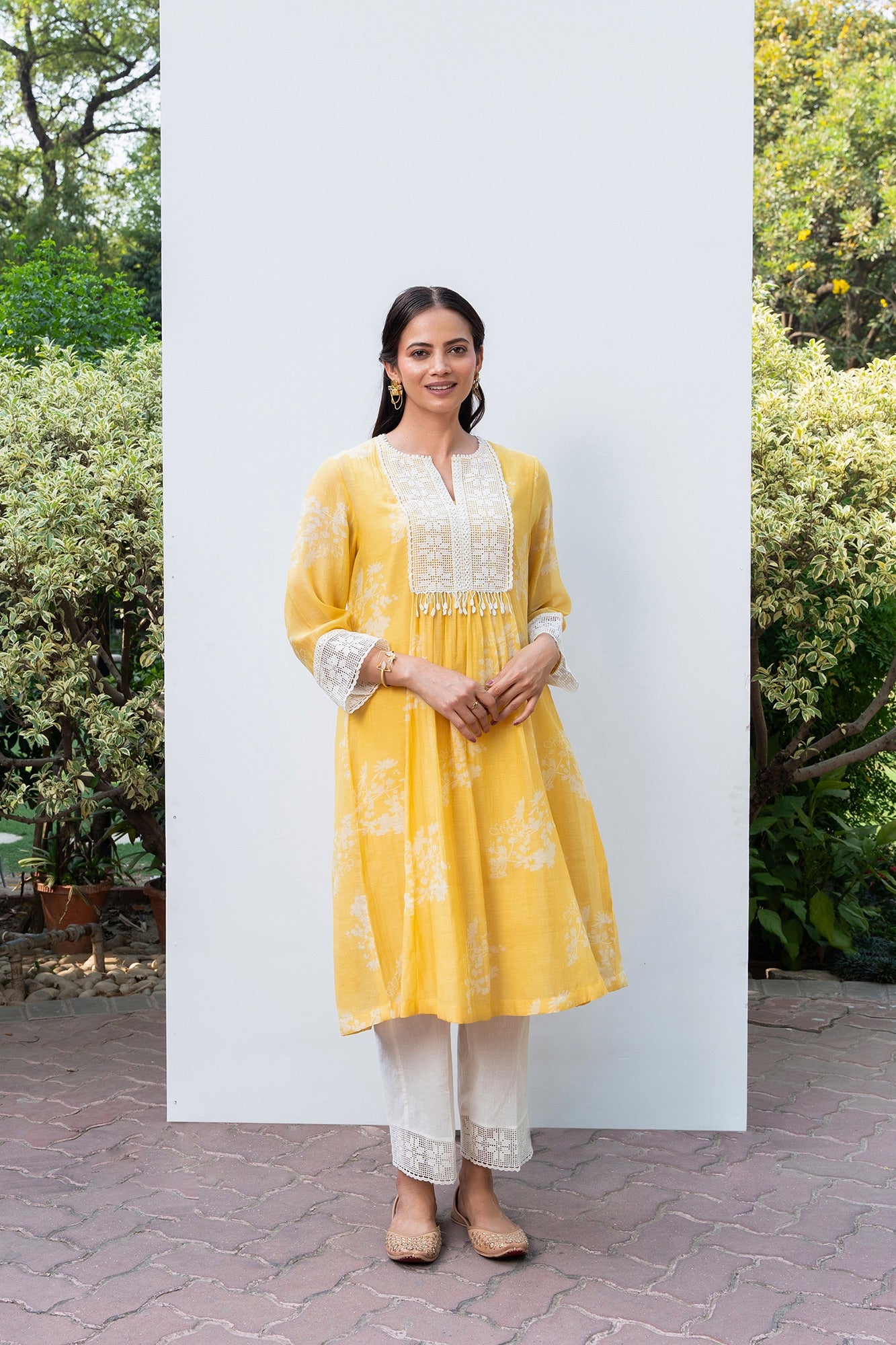 Yellow Gathered Chanderi Kurta