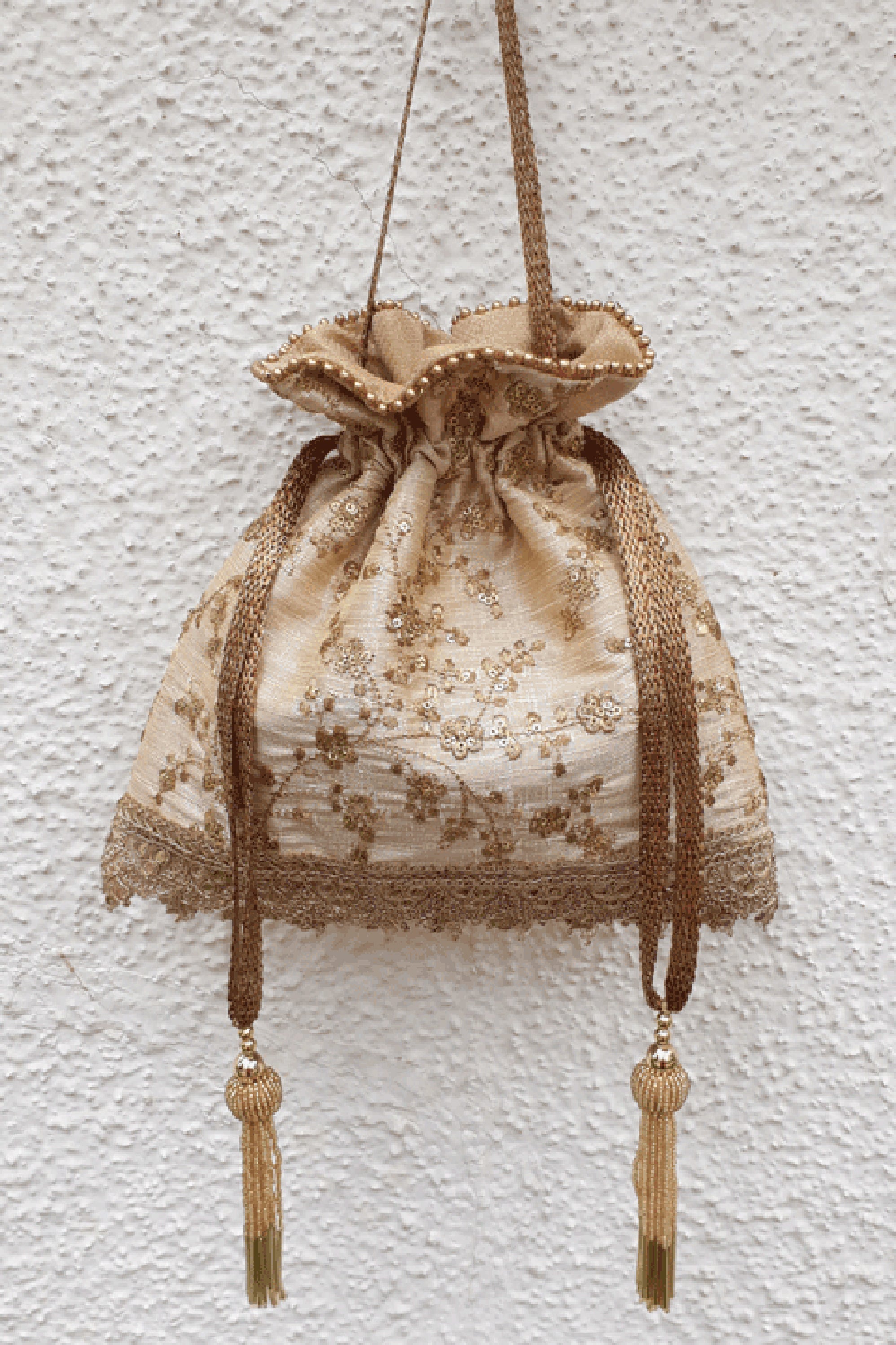 Alia Silk Embroidered Potli Bag Beige