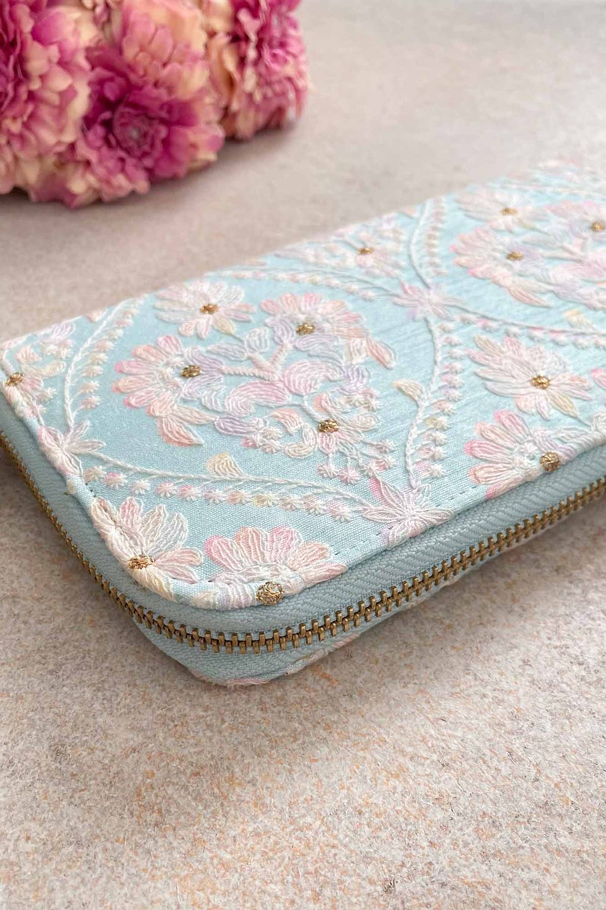 Anaqat Silk Embroidered Wallet Baby Blue