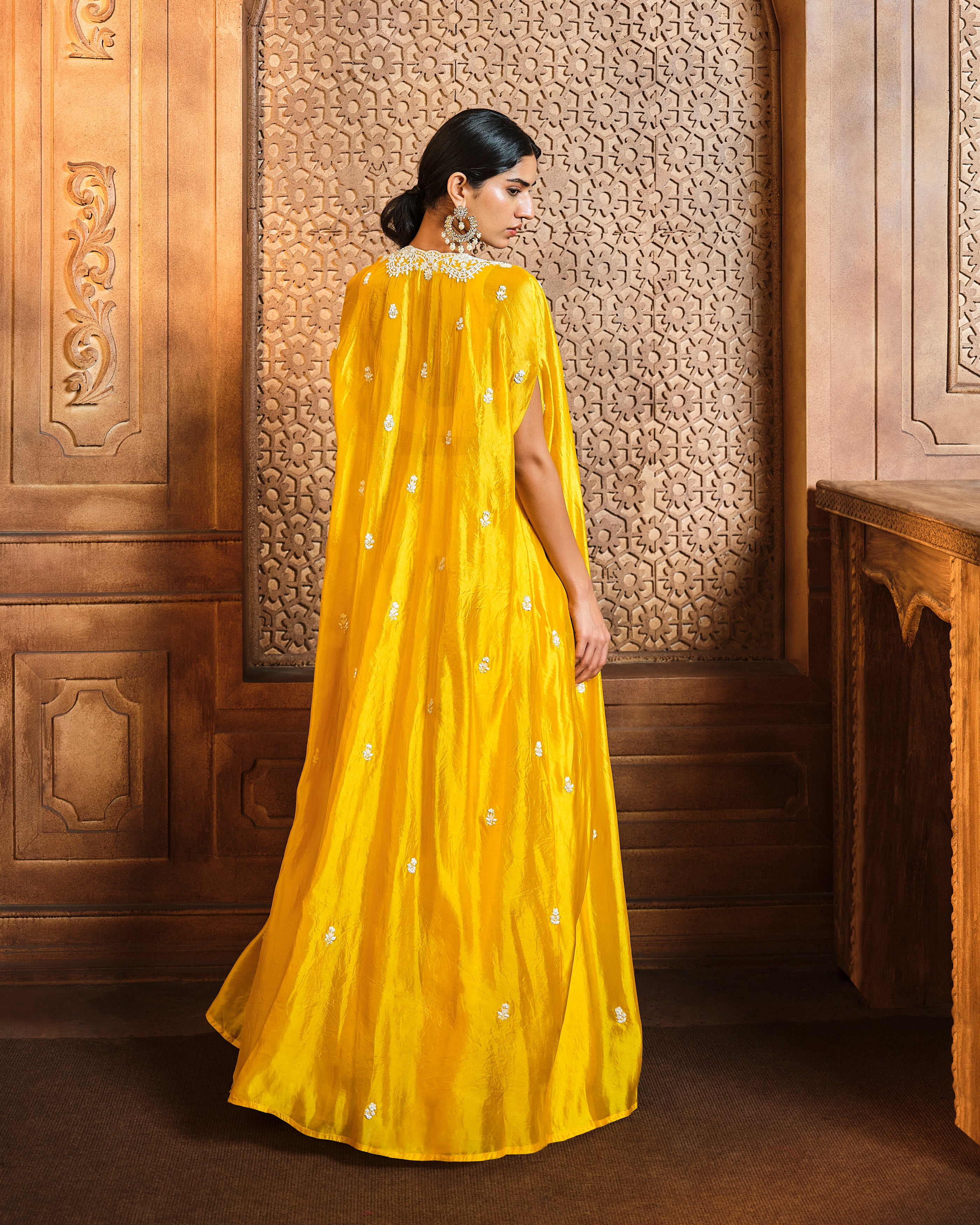 Yellow Pearl Embroidered Cape Sharara