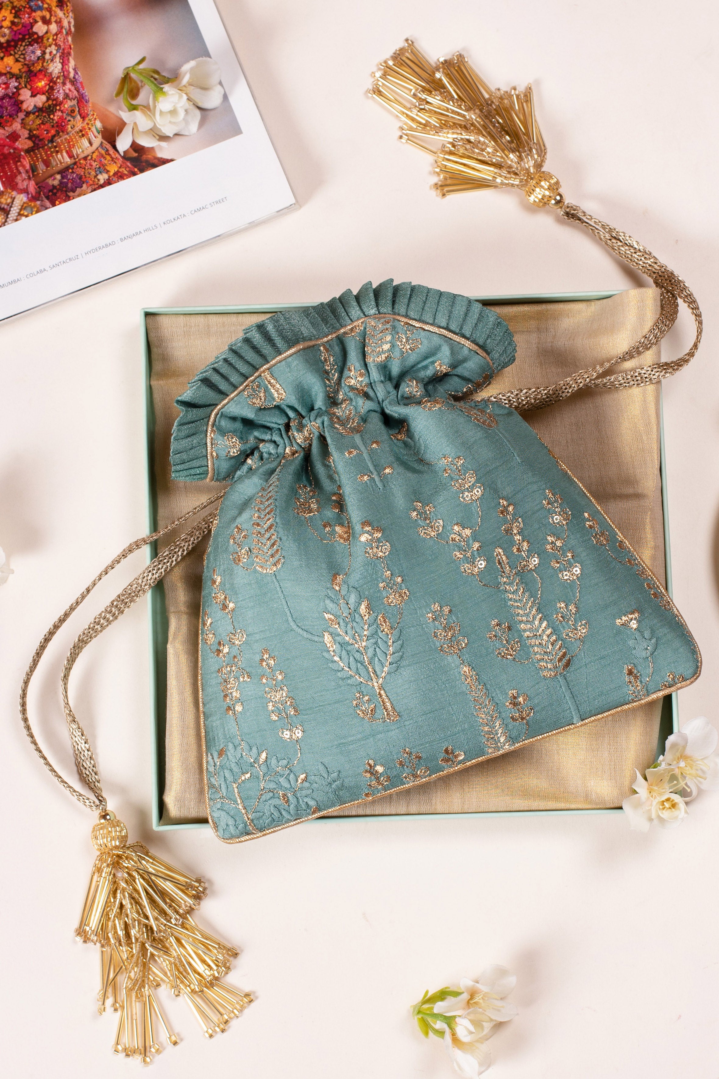 Arbre Silk Embroidered Potli Bag Blue Green