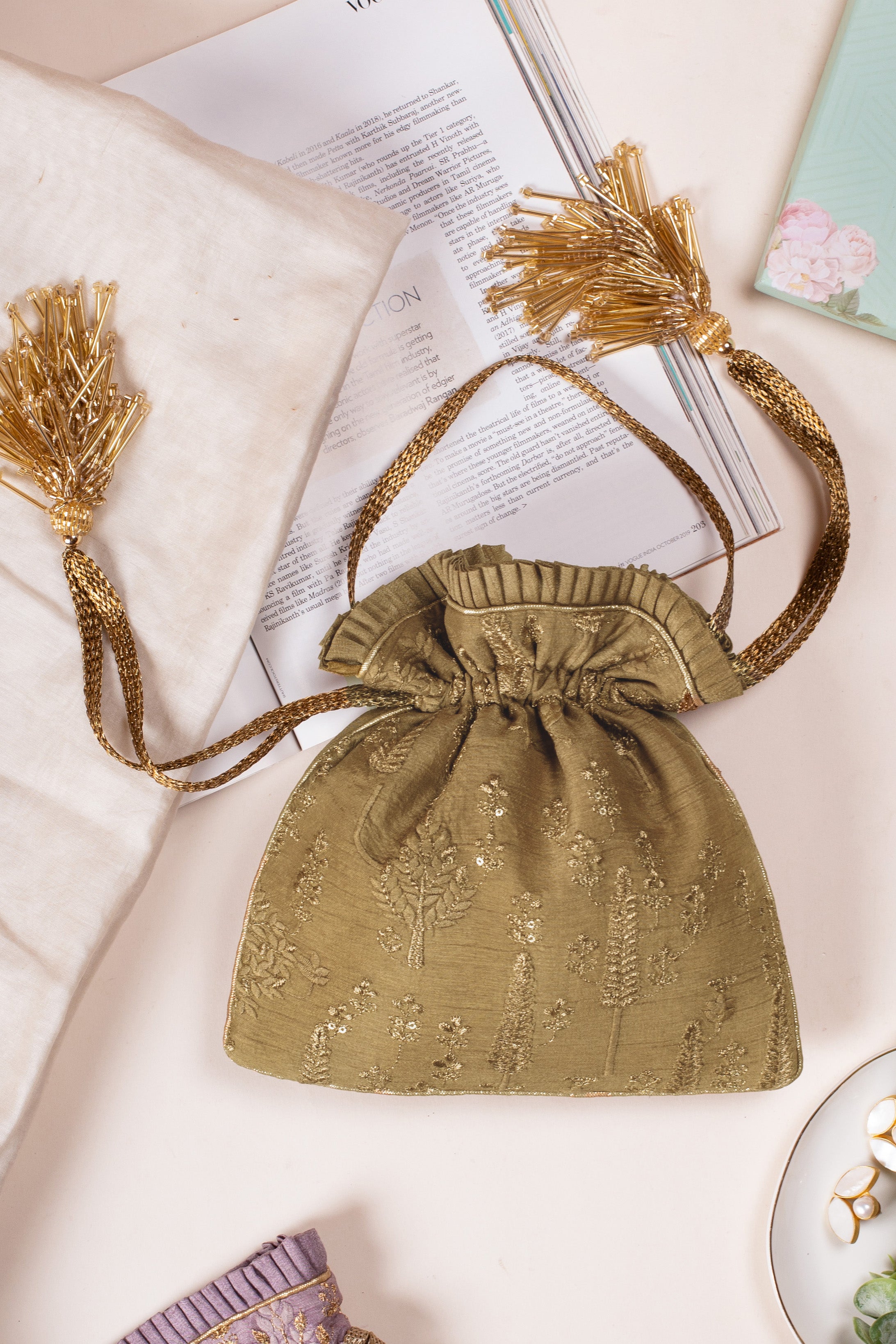 Arbre Silk Embroidered Potli Bag Dull Gold