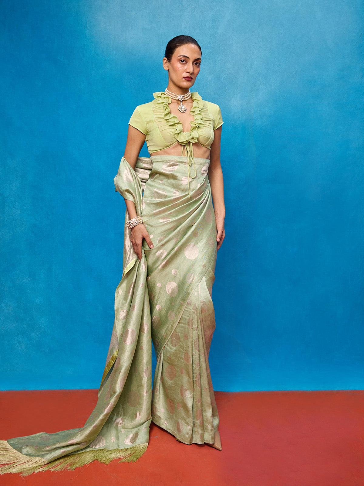 Handwoven Pistachio Green Chiffon Banarasi Saree