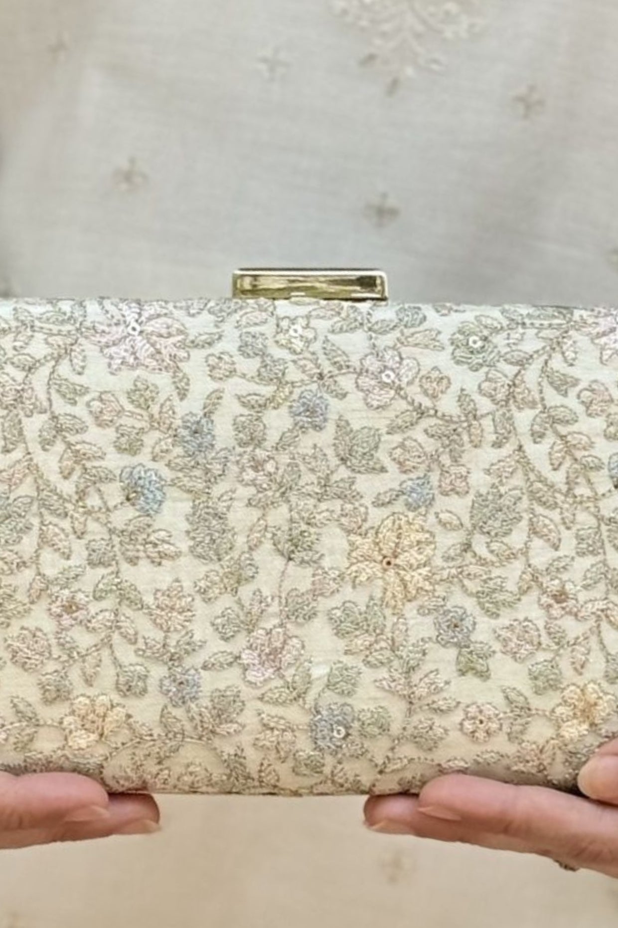 Avril Embroidered Sleek Clutch - Beige