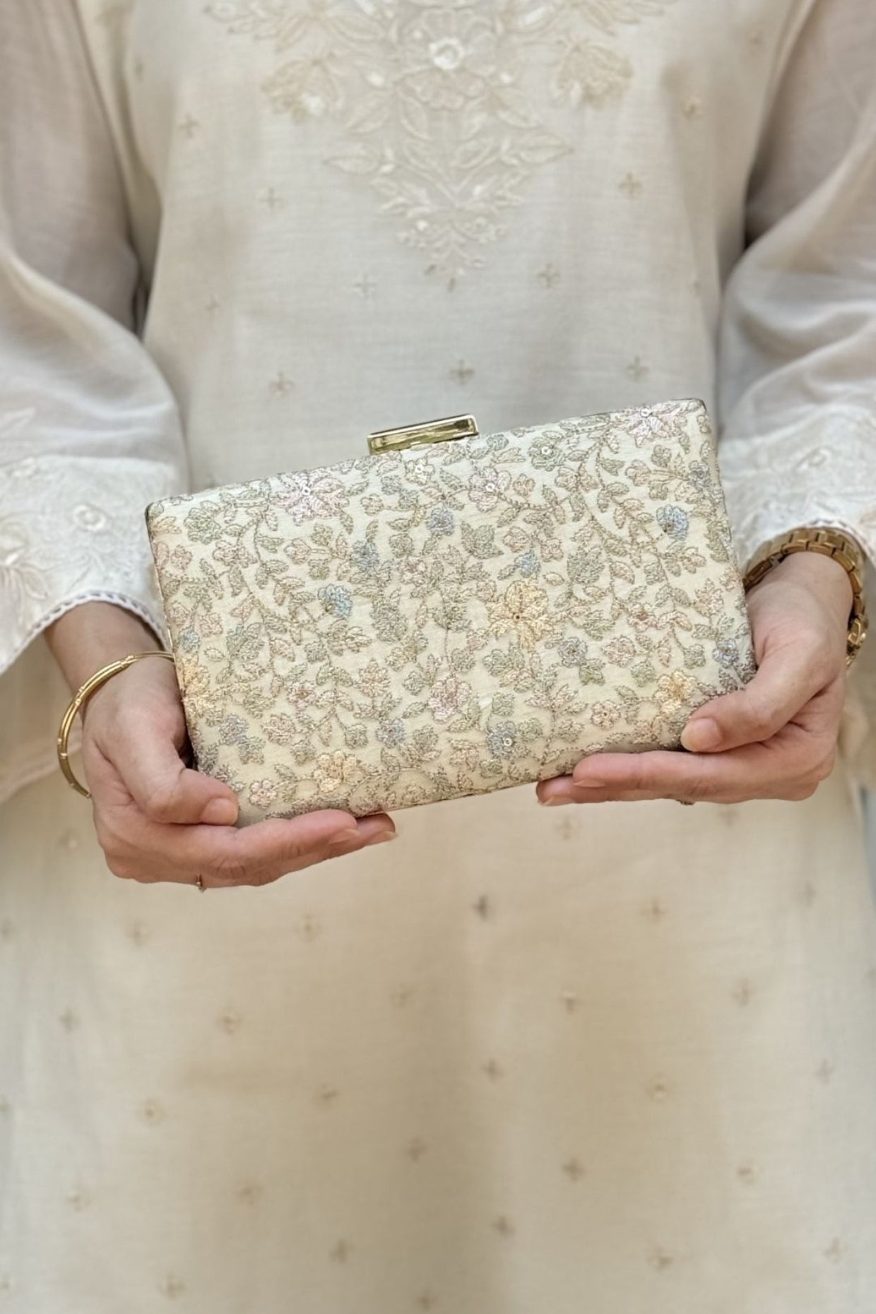 Avril Embroidered Sleek Clutch - Beige