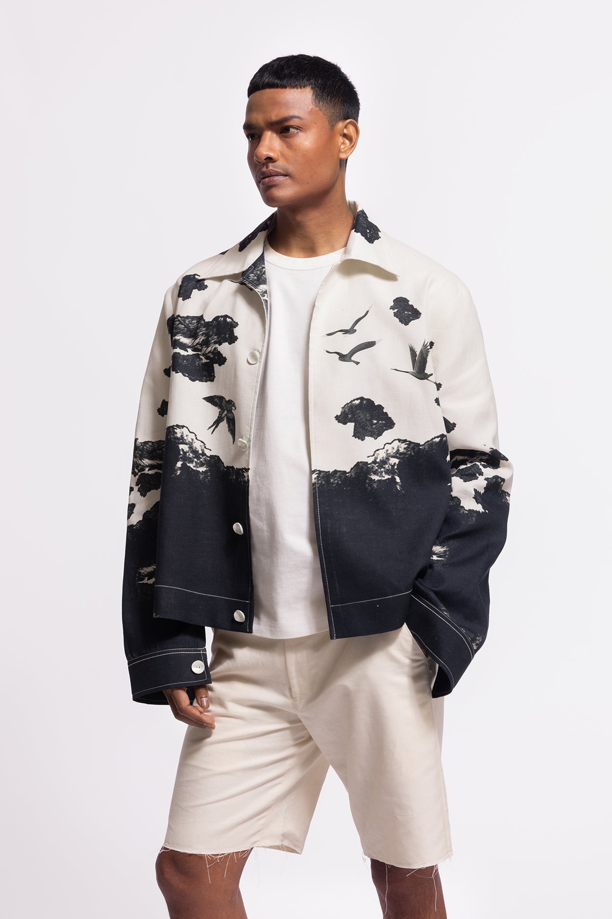 Men's Ivory Bird Print Linen Jacket