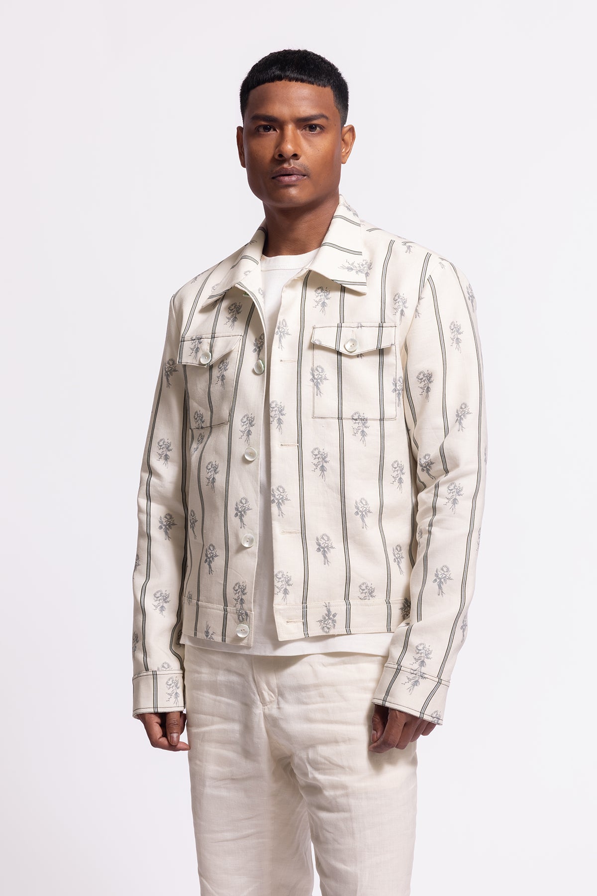 Men's Ivory Linen Jacket With Stripes