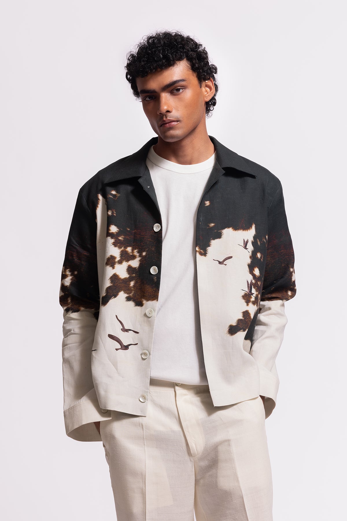 Men's Ivory Printed Linen Jacket