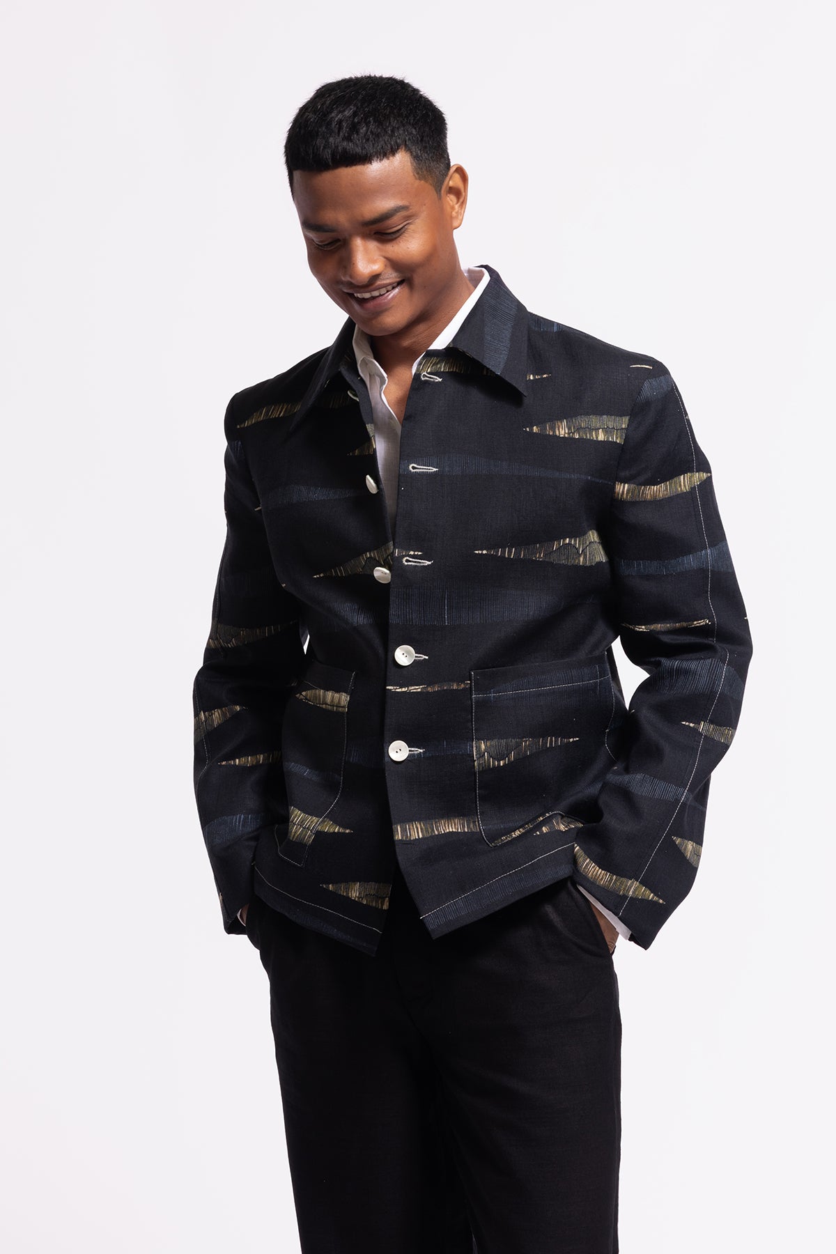 Men's Black Printed Linen Jacket