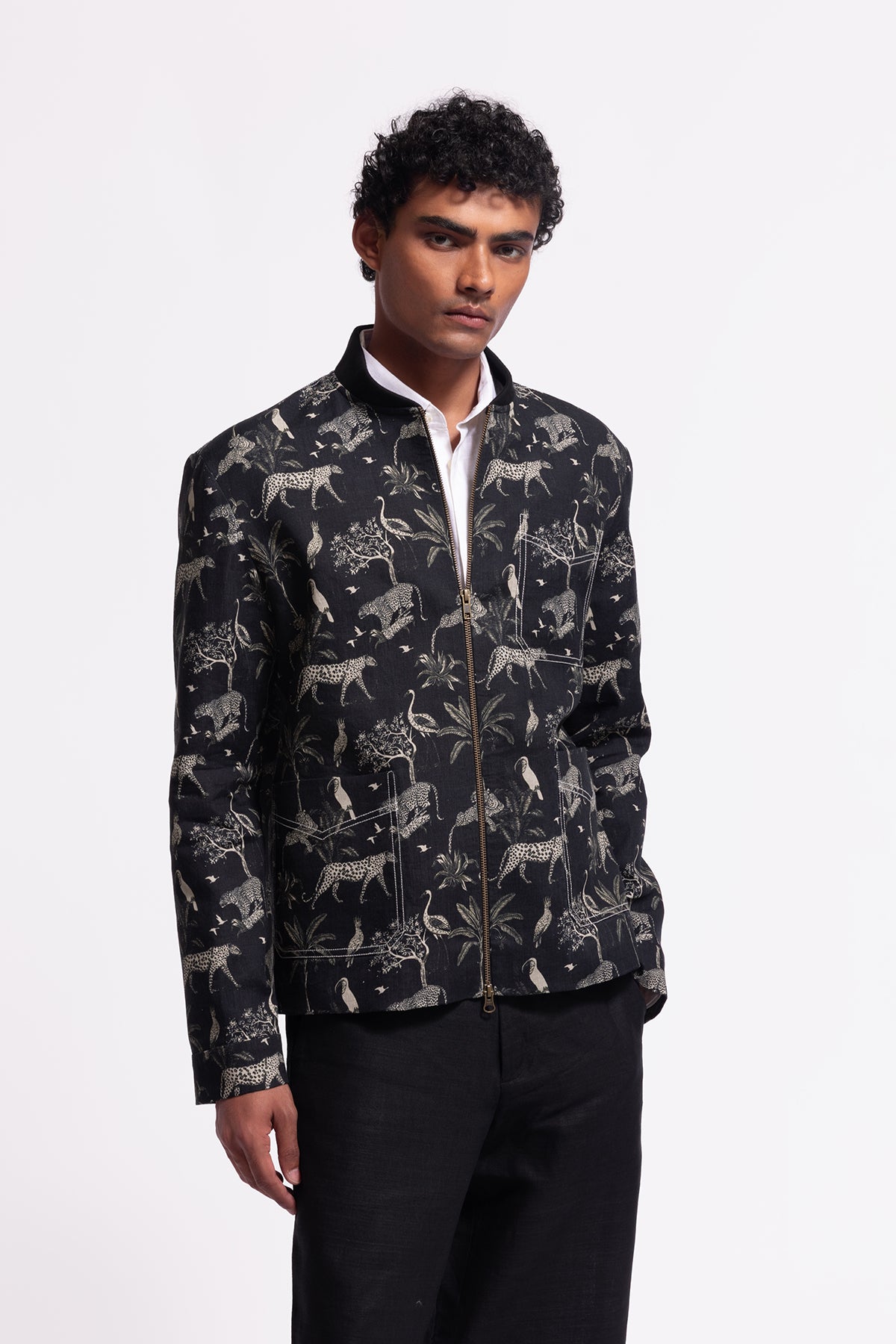 Men's Black Linen Printed Jacket With Zip