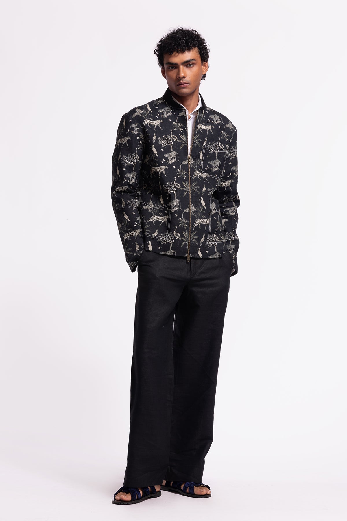 Men's Black Linen Printed Jacket With Zip