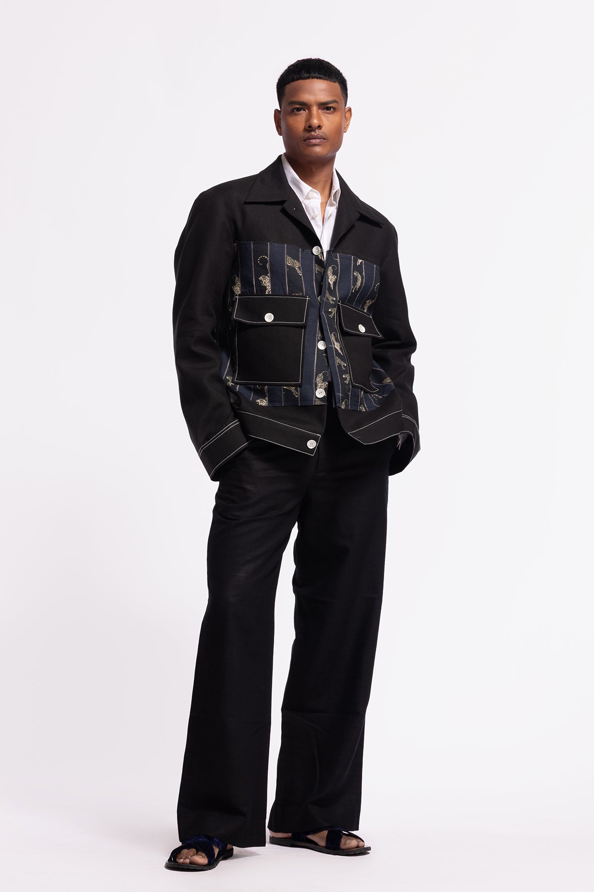 Men's Black Linen Printed Jacket