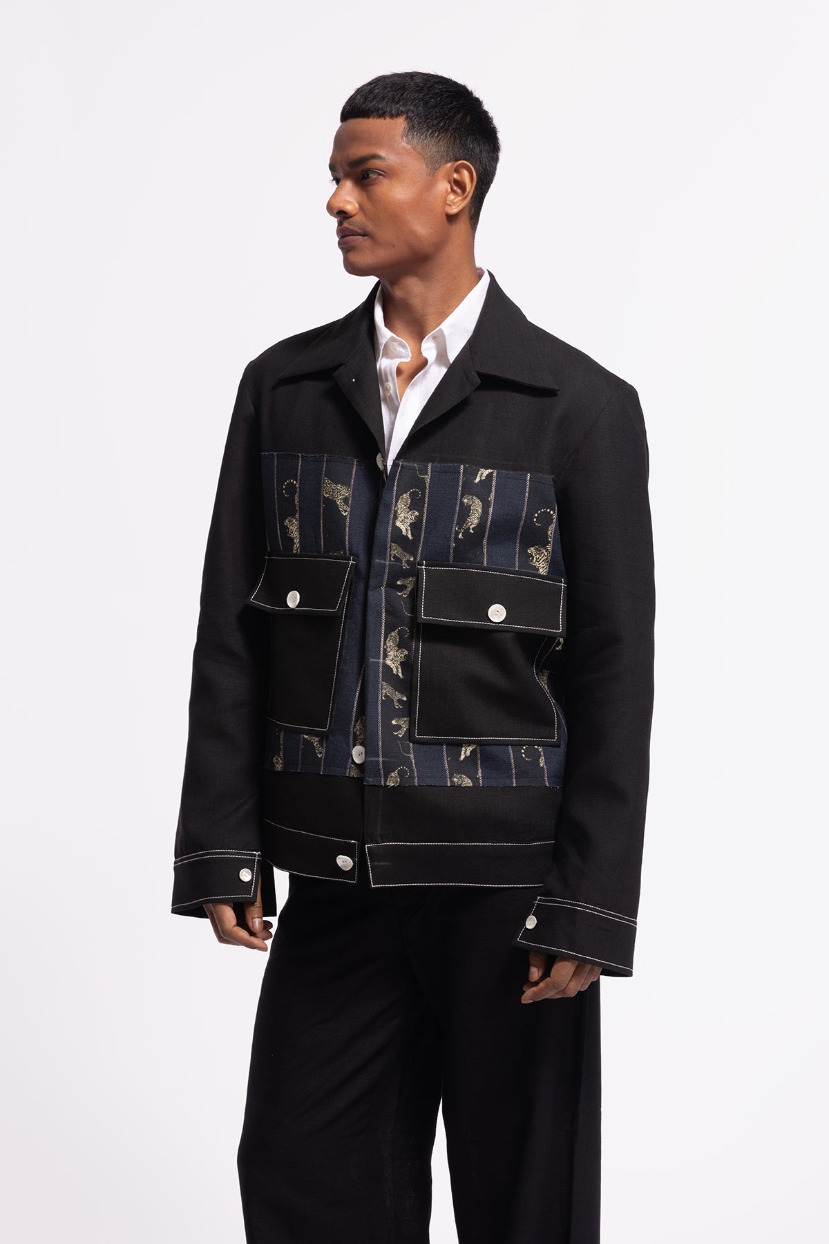 Men's Black Linen Printed Jacket