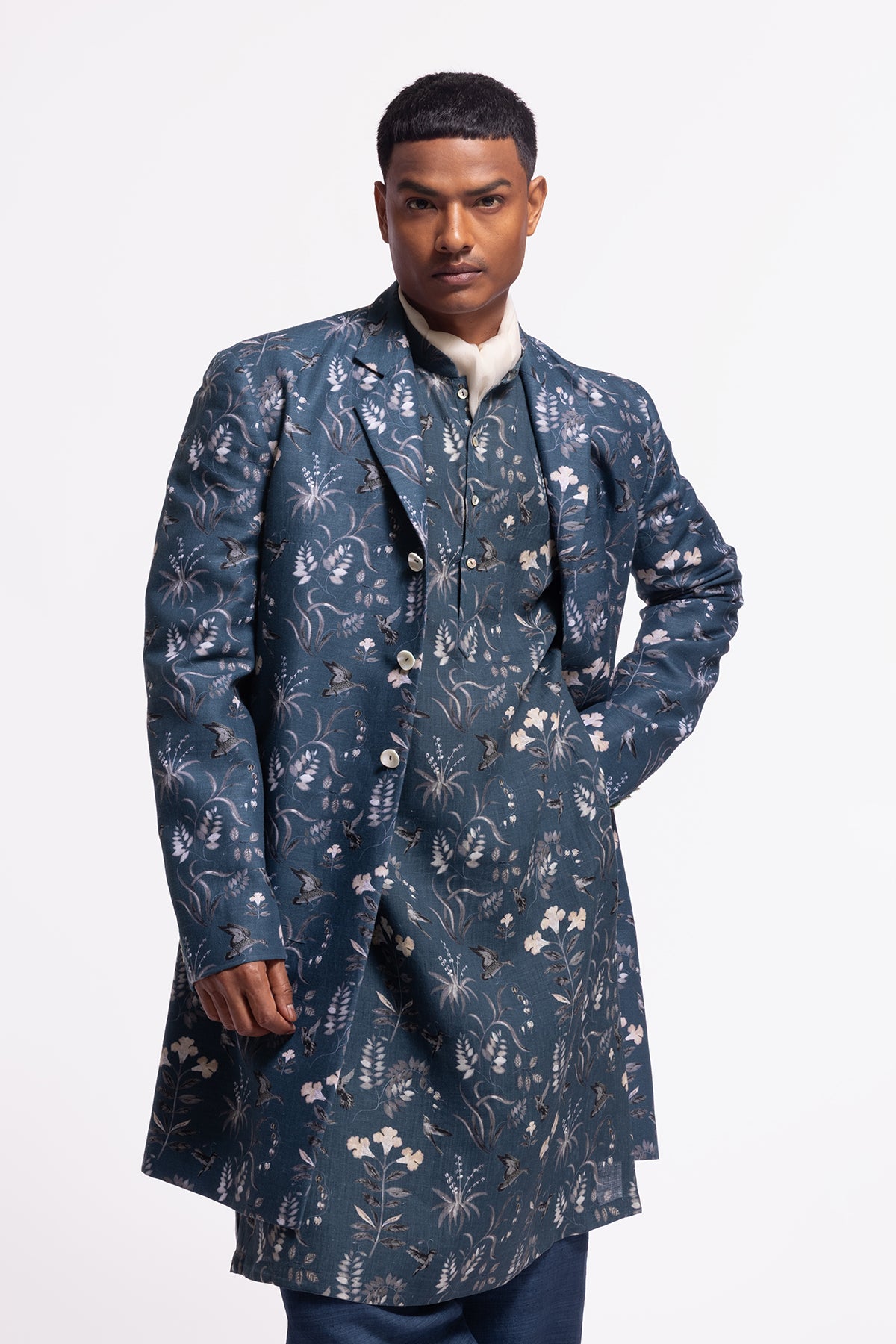Men's Blue Floral Printed Long Jacket