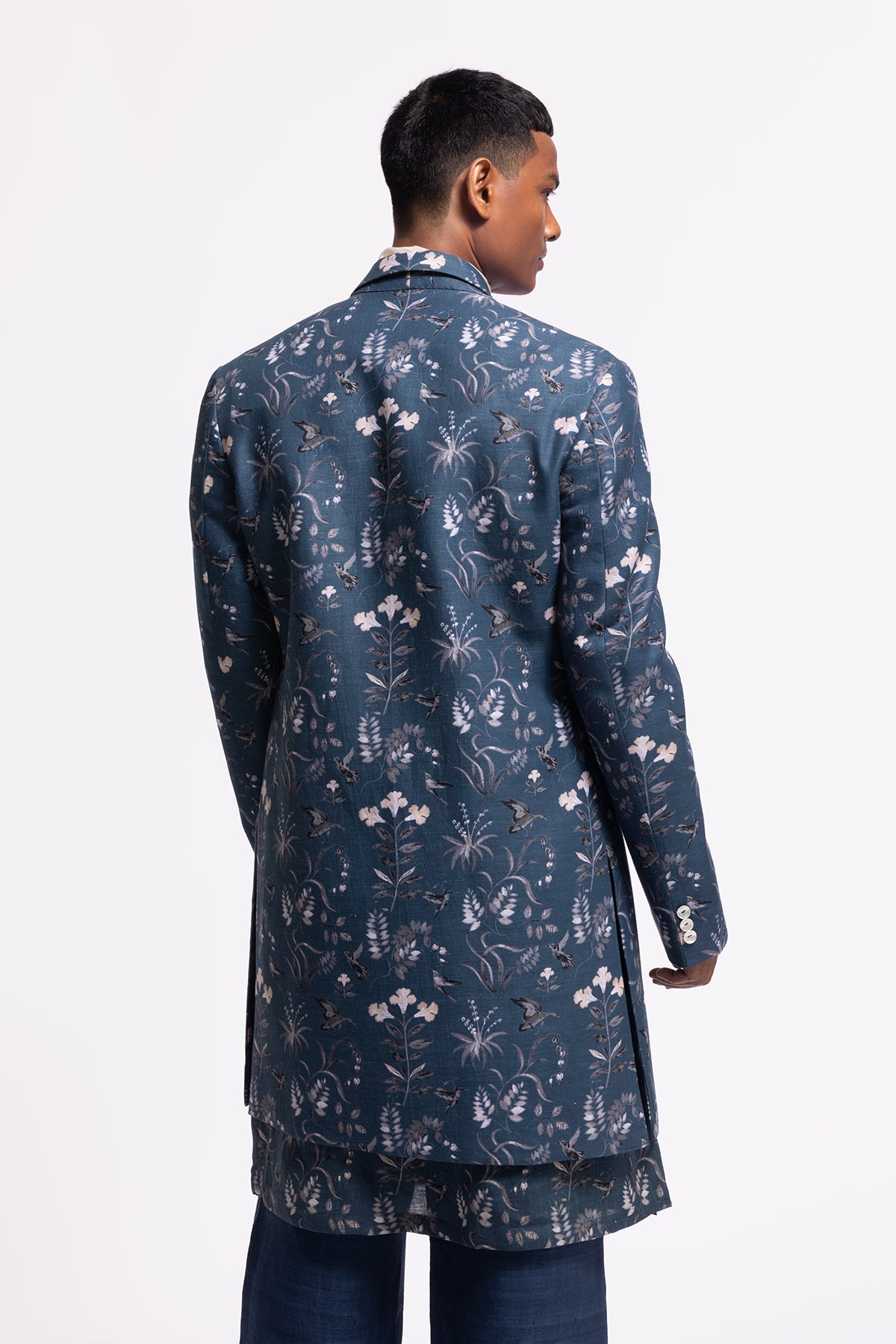 Men's Blue Floral Printed Long Jacket