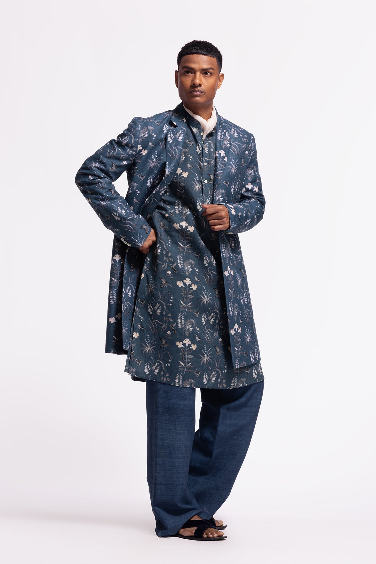 Men's Blue Floral Printed Long Jacket