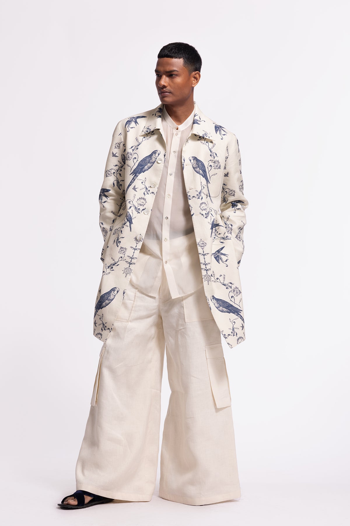 Men's Ivory Bird-printed Long Jacket