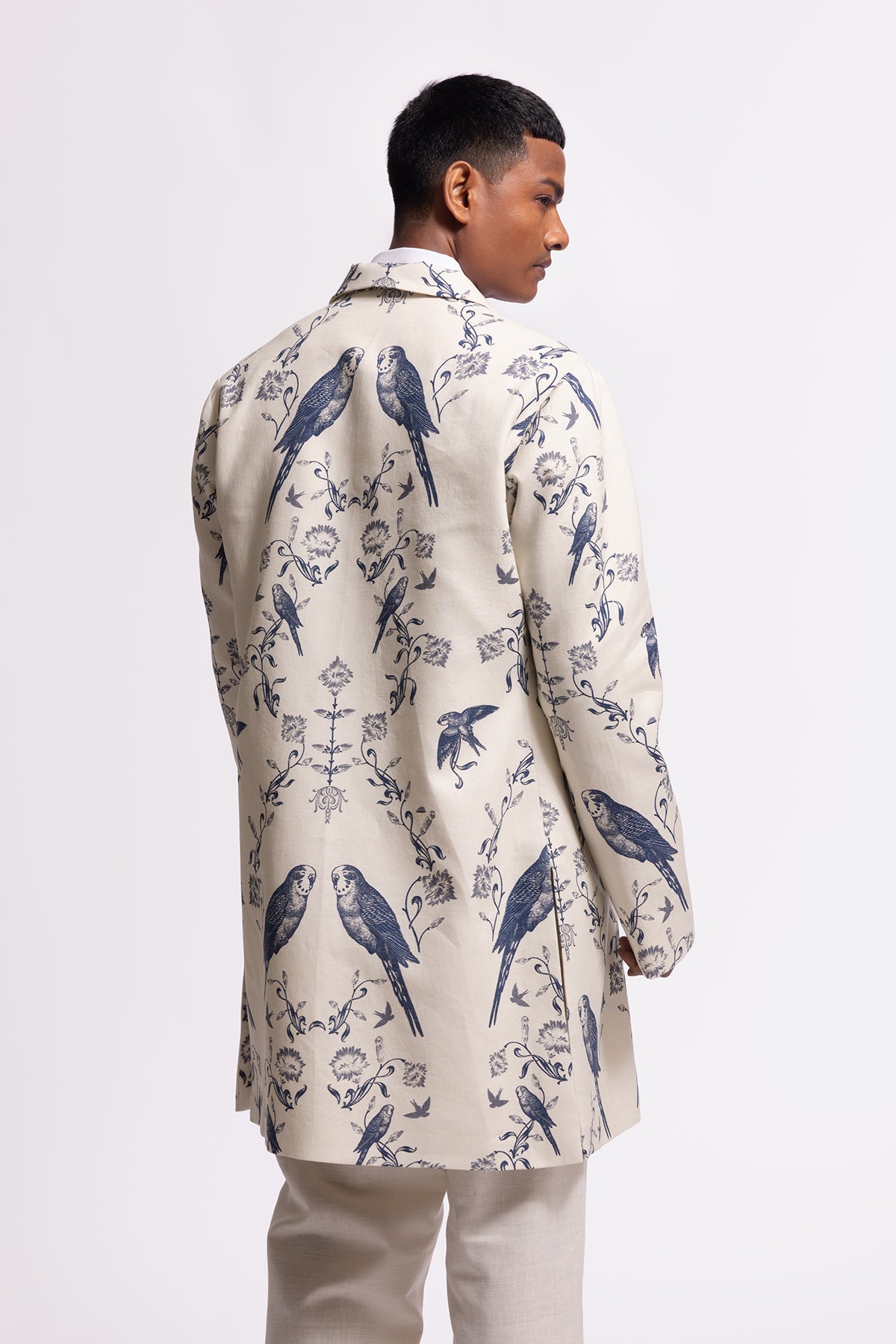 Men's Ivory Bird-printed Long Jacket
