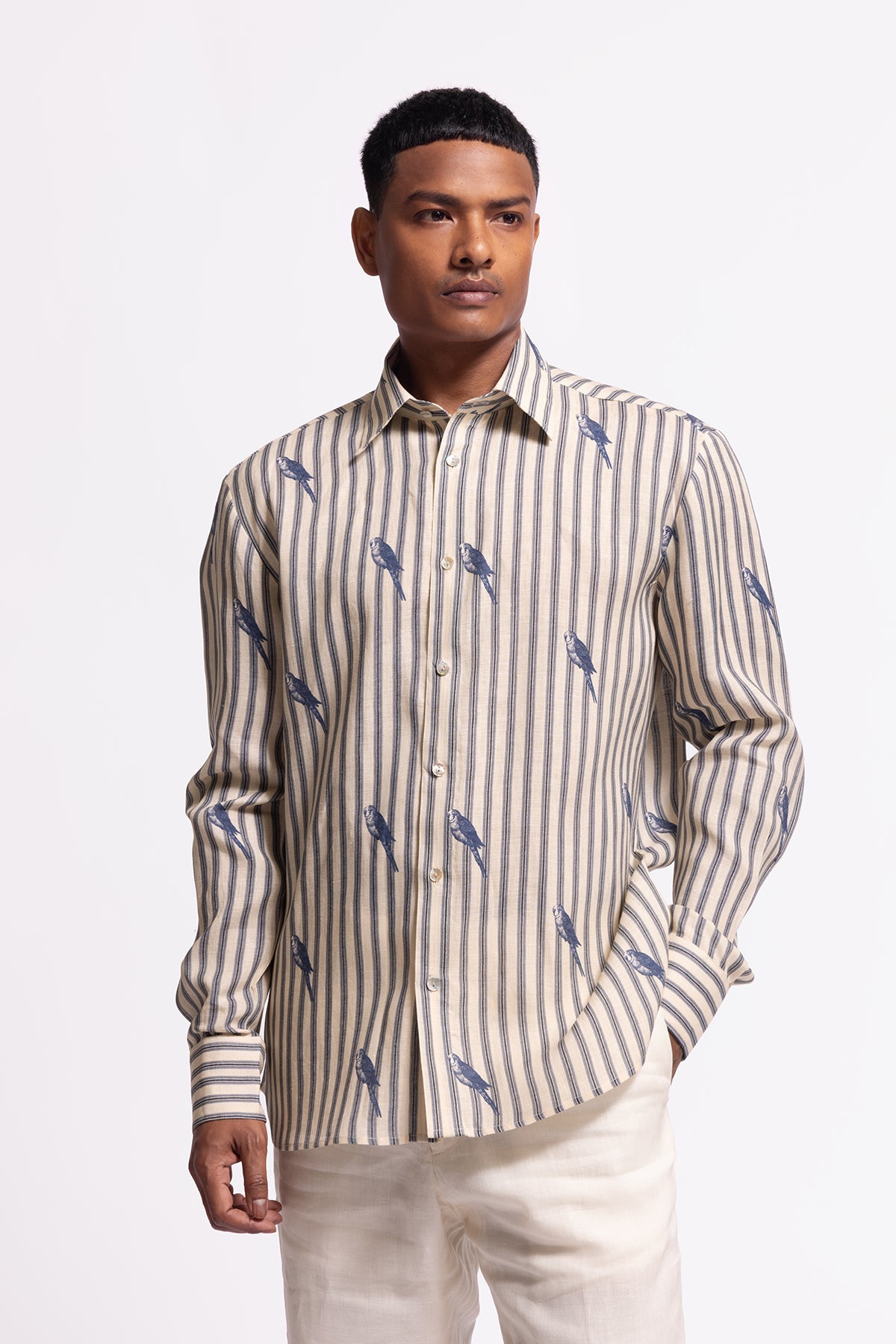 Men's Ivory Bird Print Linen Shirt