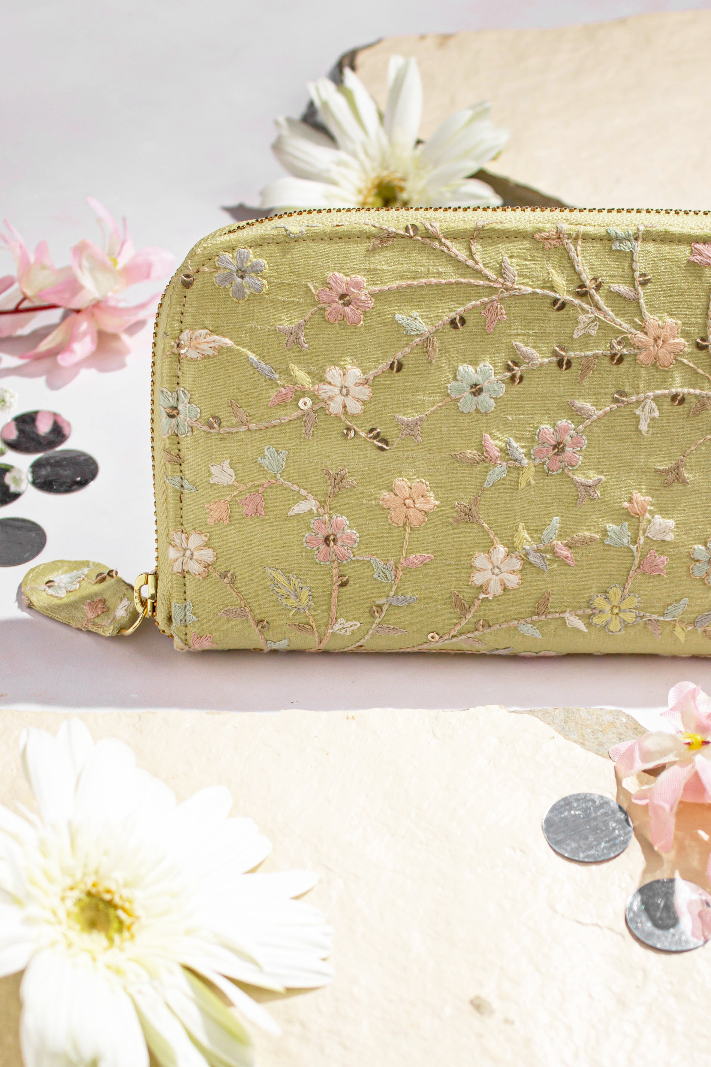 Blossom Silk Embroidered Wallet Yellow
