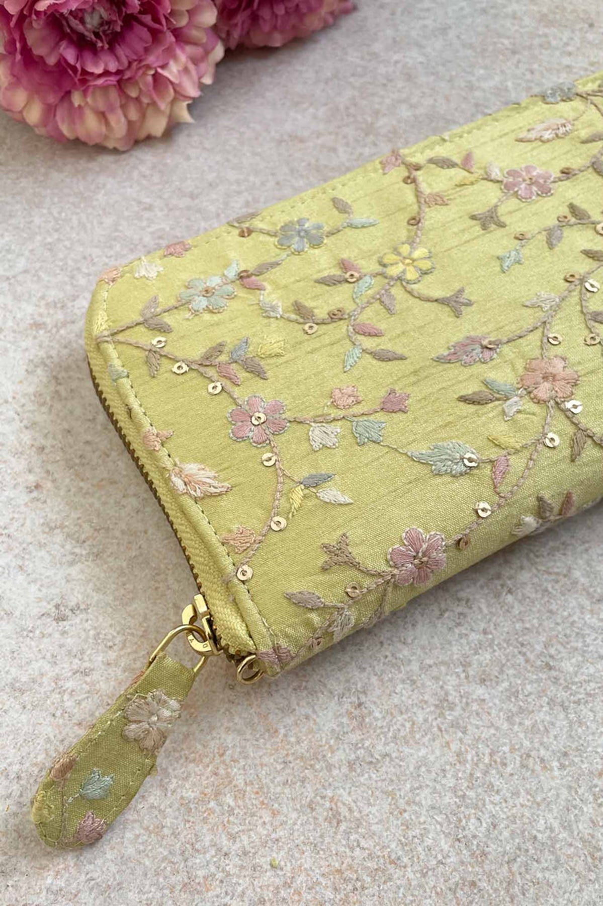 Blossom Silk Embroidered Wallet Yellow