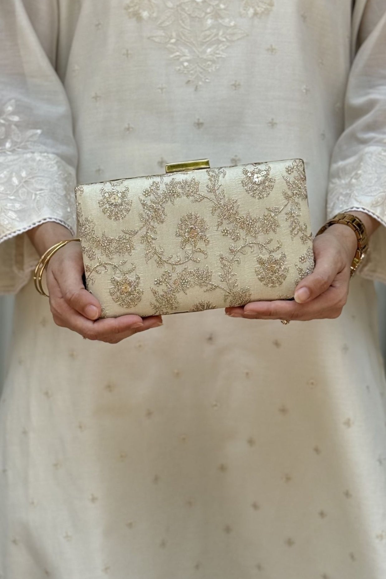 Bodhi Embroidered Sleek Clutch - Beige