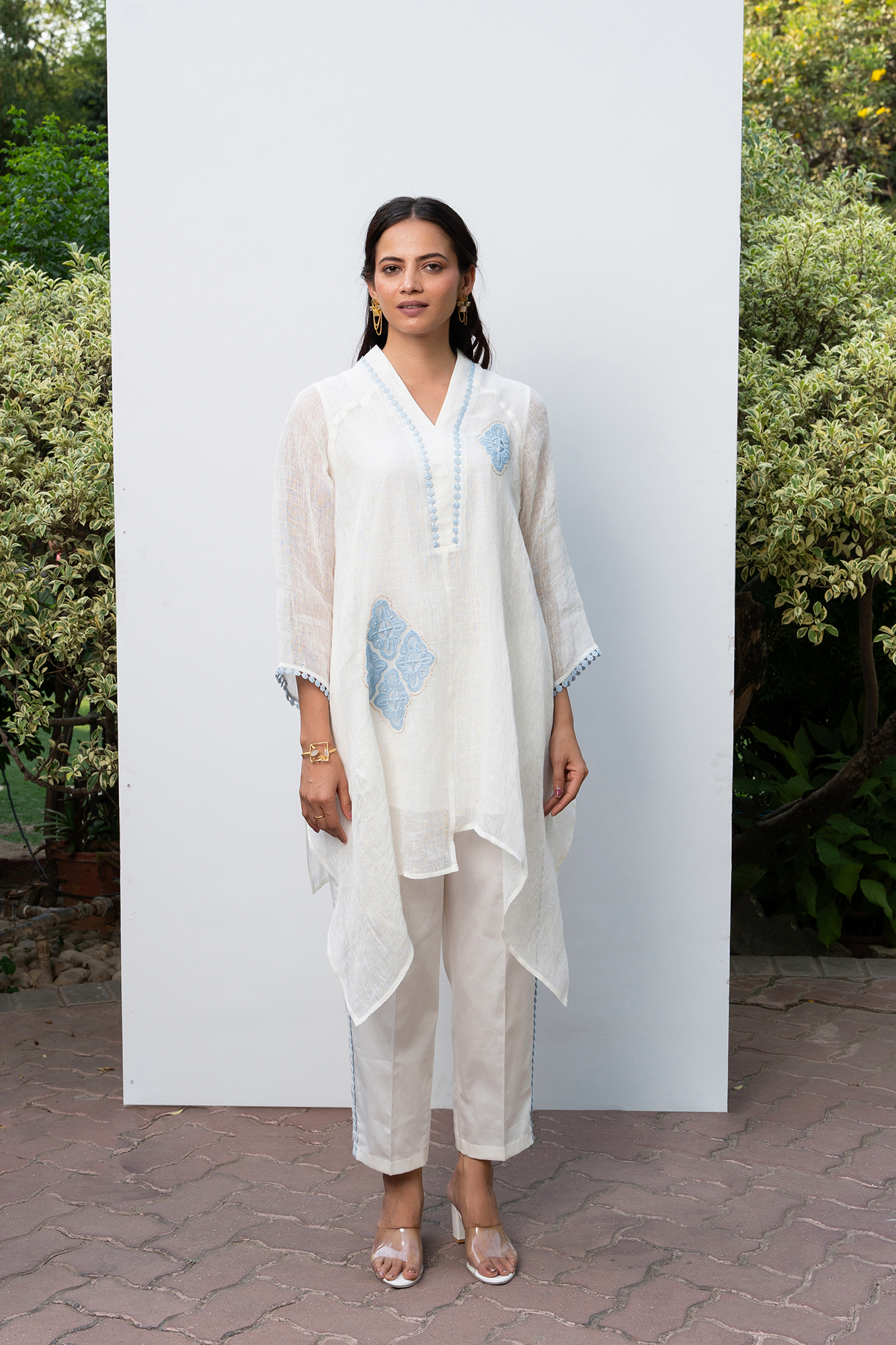 White and Blue Linen Asymmetric tunic set