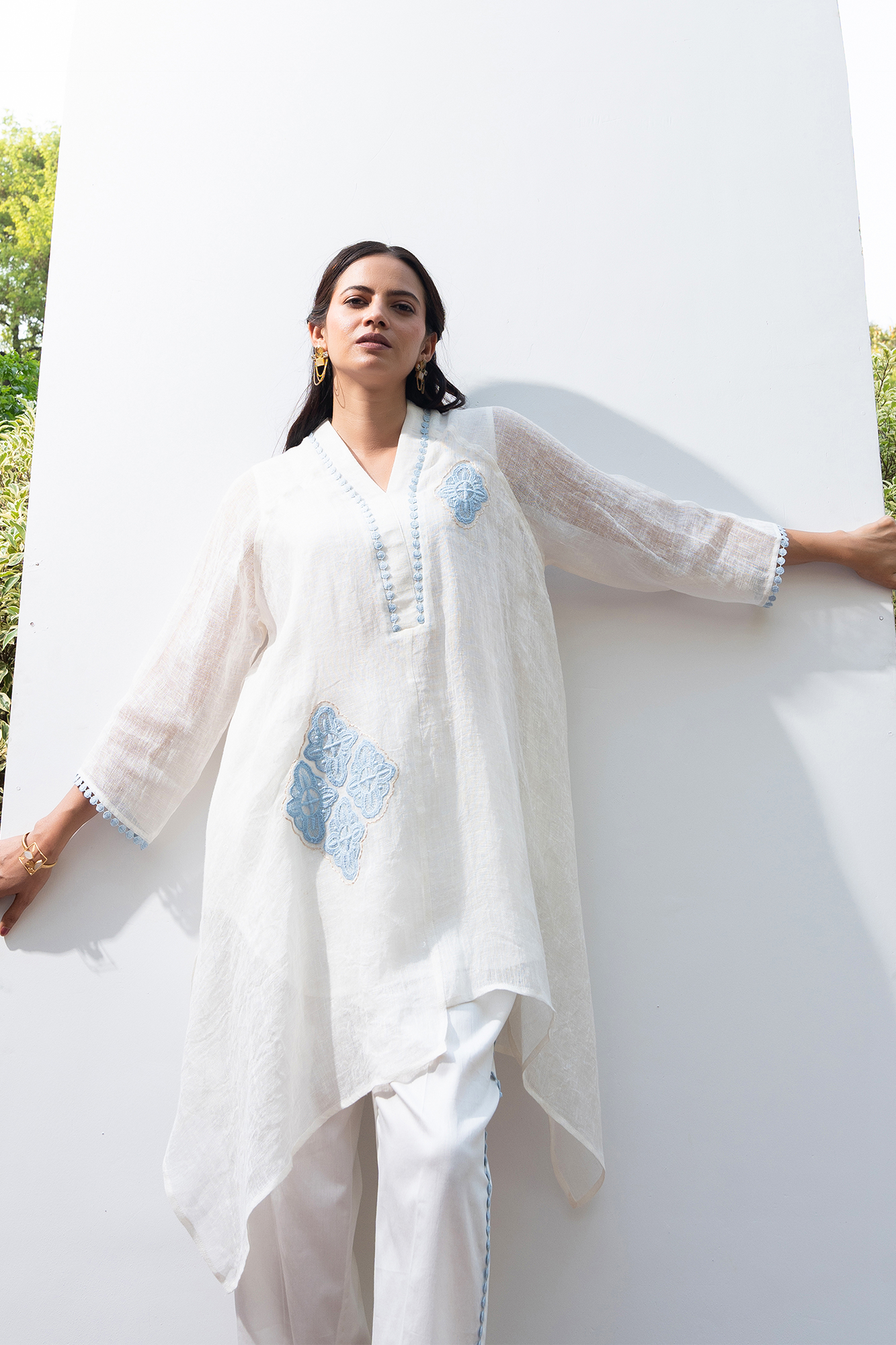 White and Blue Linen Asymmetric tunic set