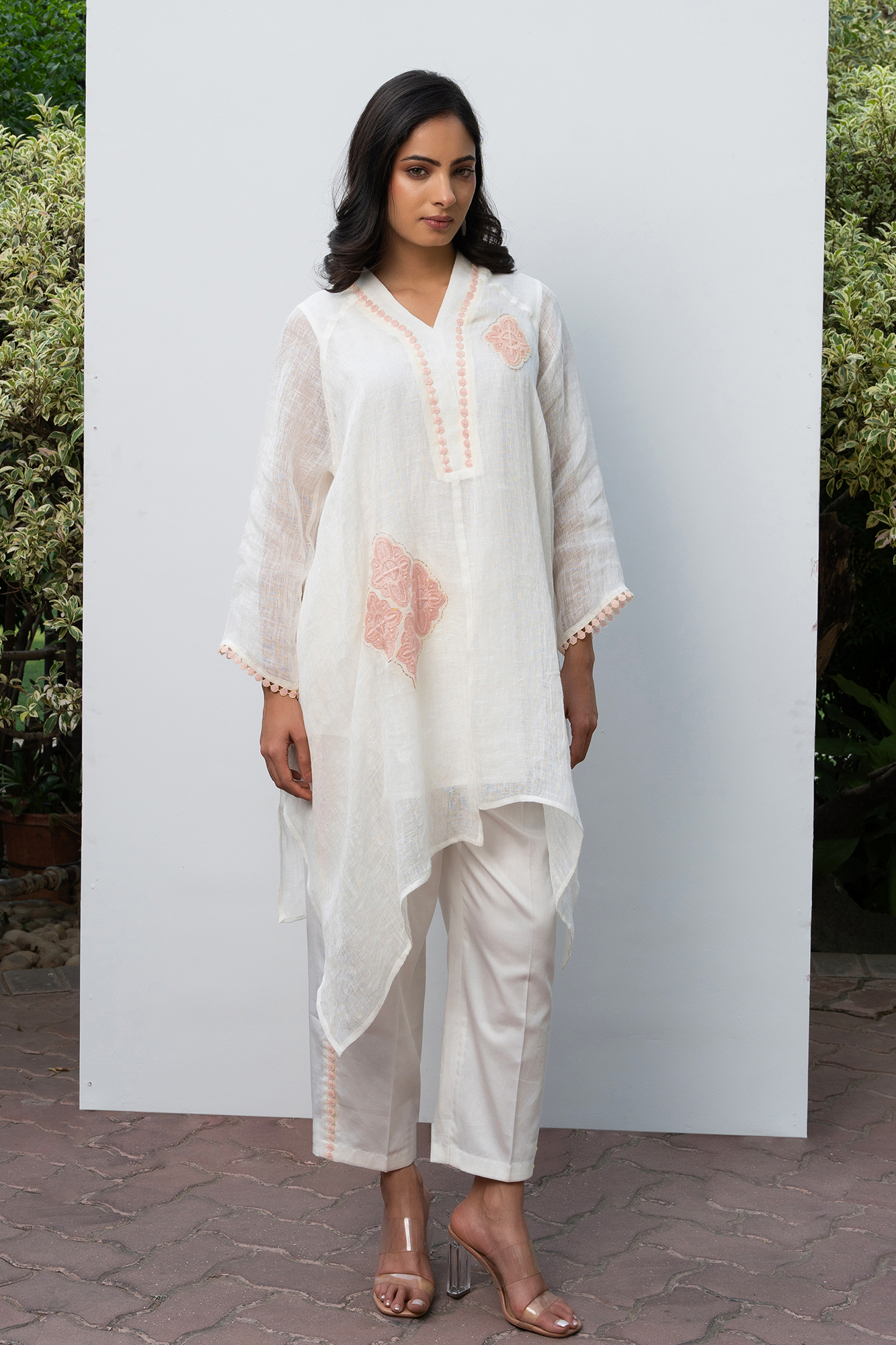 White and Pink Linen Asymmetric tunic set