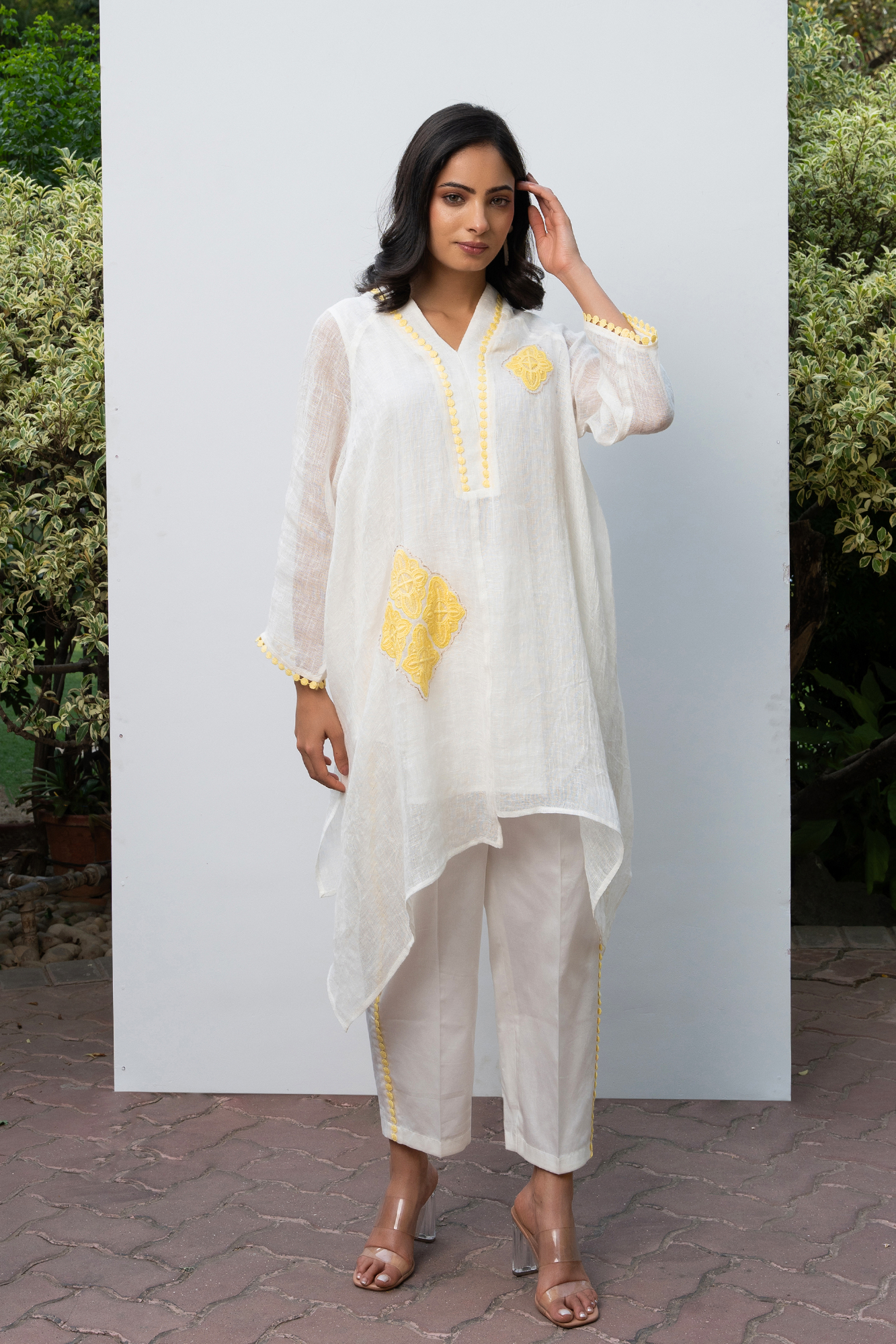 White and Yellow Linen Asymmetric tunic set