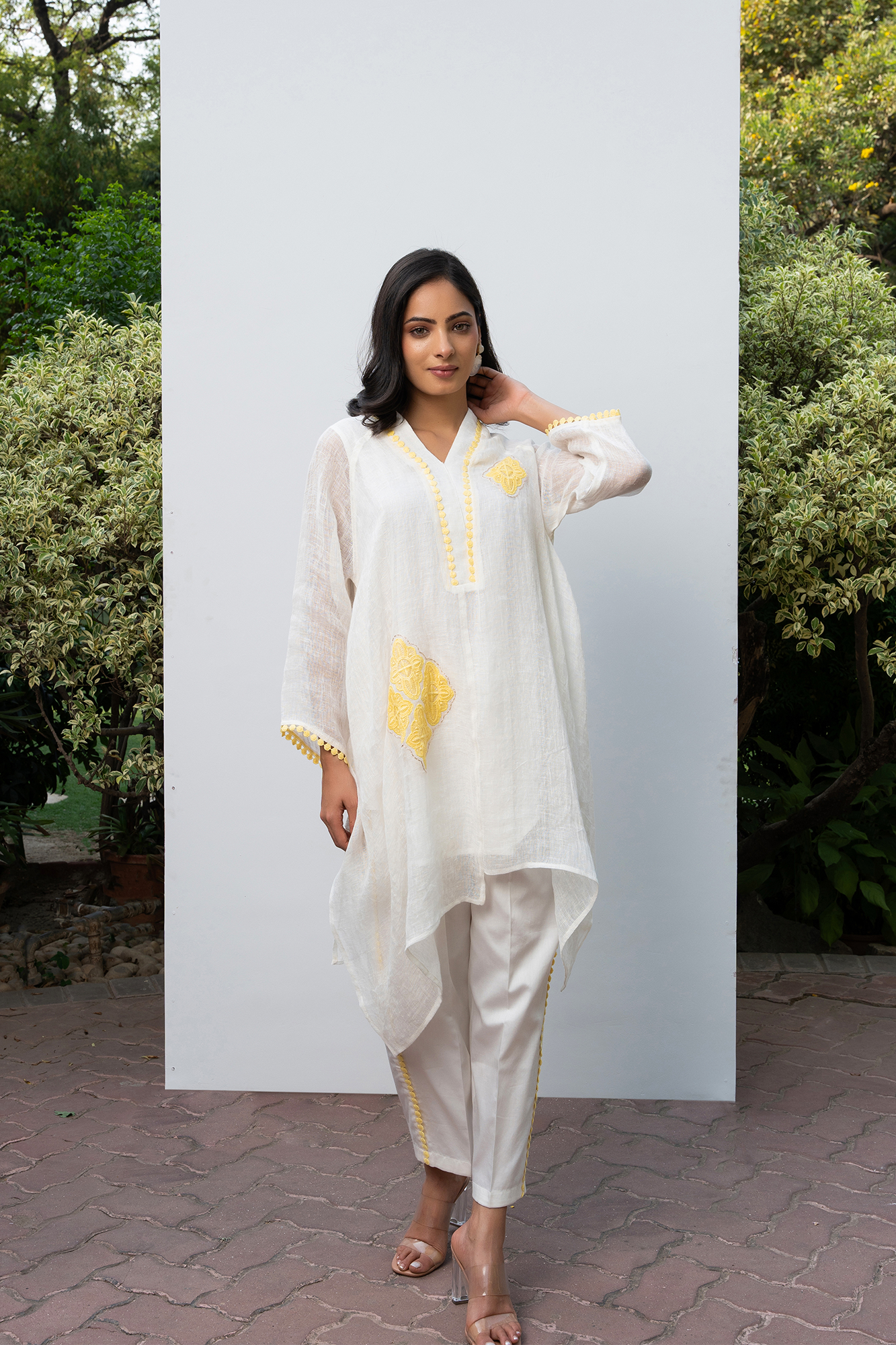 White and Yellow Linen Asymmetric tunic set