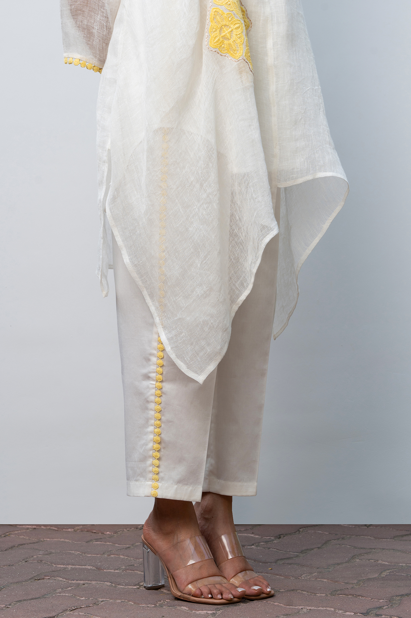 White and Yellow Linen Asymmetric tunic set