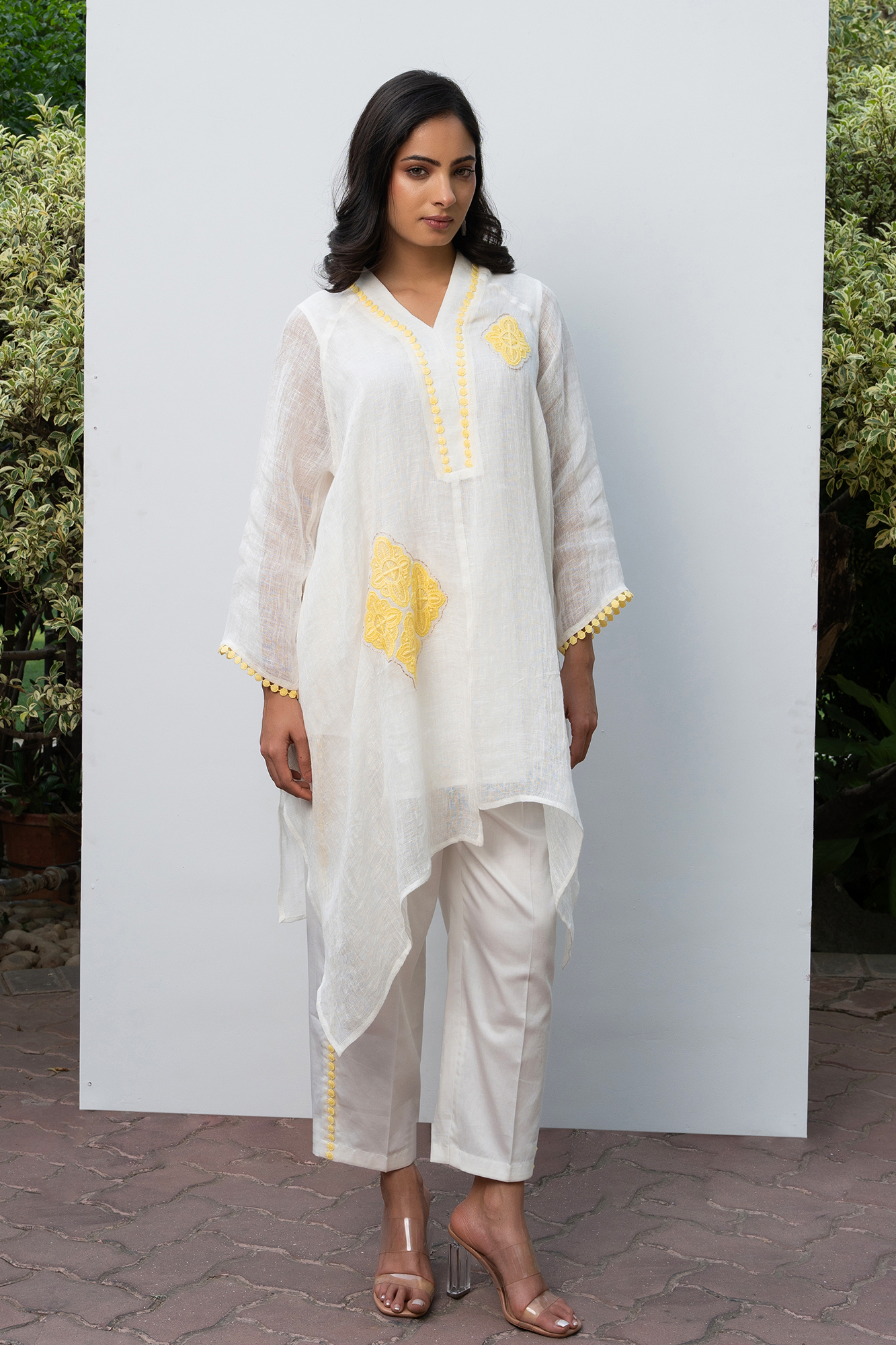 White and Yellow Linen Asymmetric tunic set