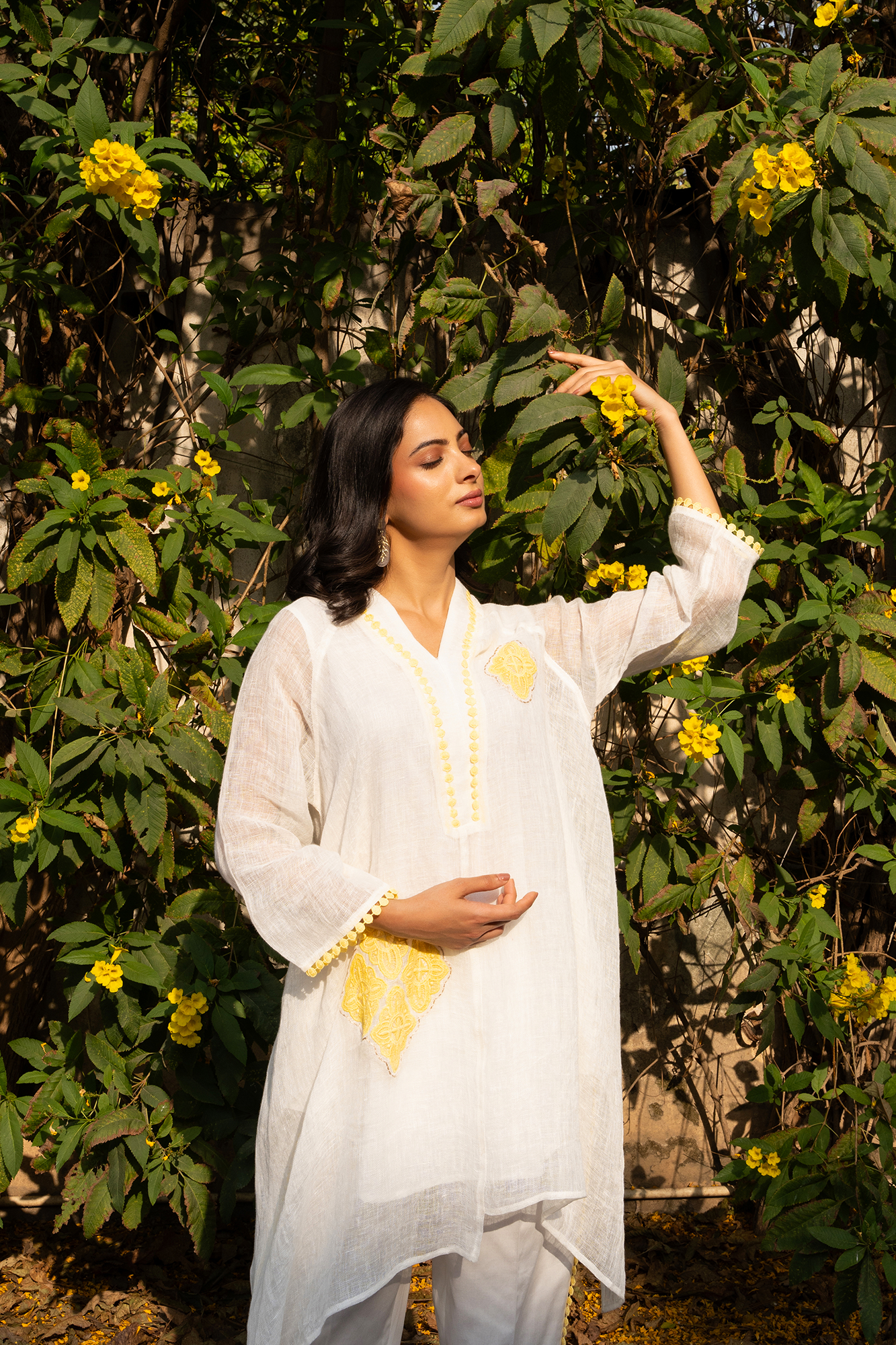 White and Yellow Linen Asymmetric tunic set