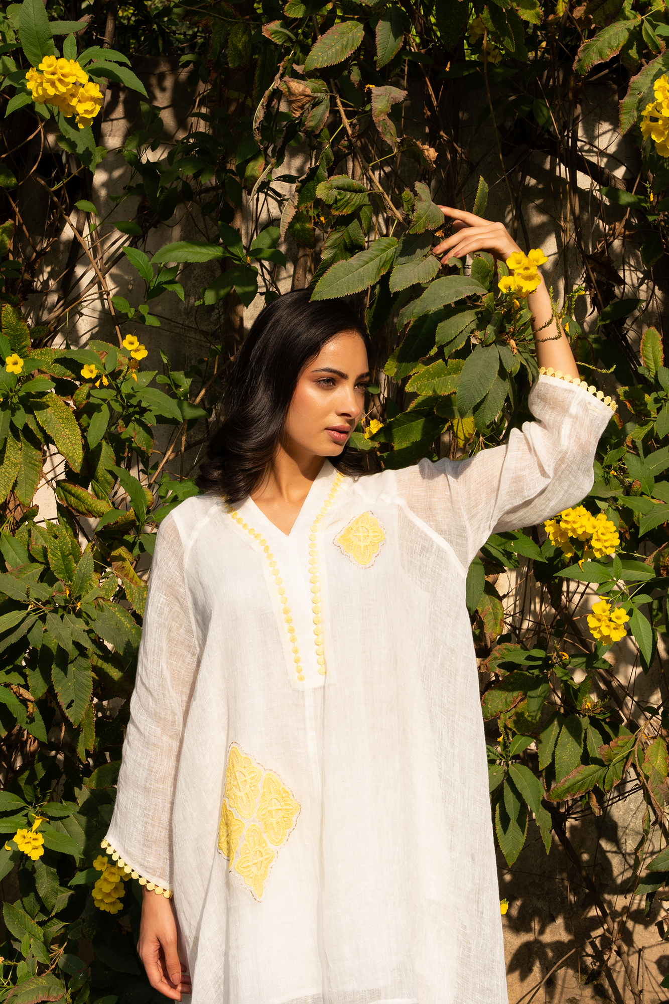 White and Yellow Linen Asymmetric tunic set