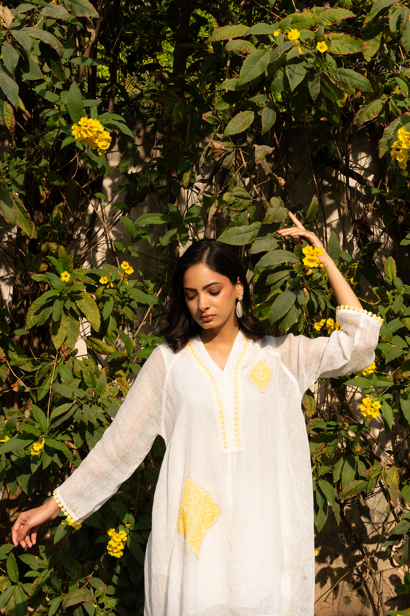 White and Yellow Linen Asymmetric tunic set