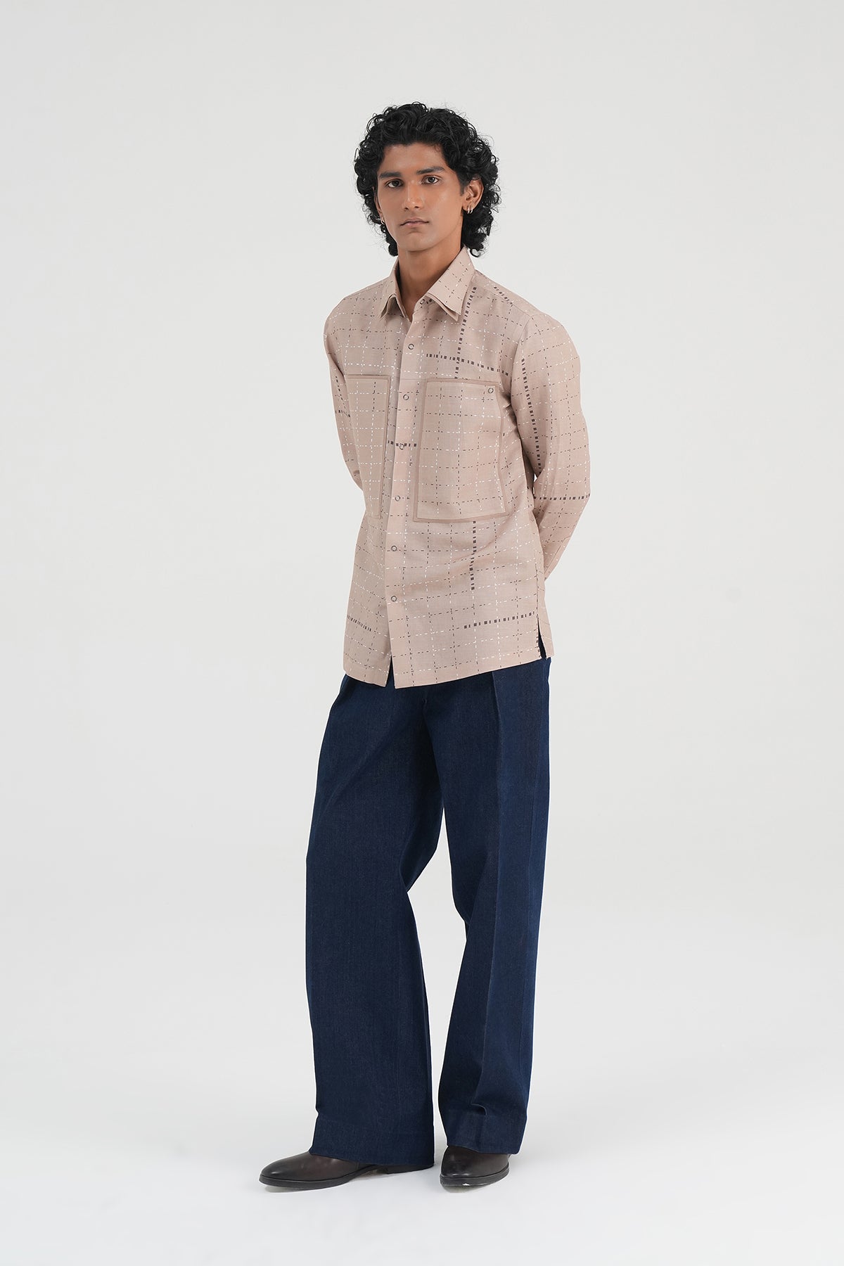 Grid Print Cotton Linen Shirt