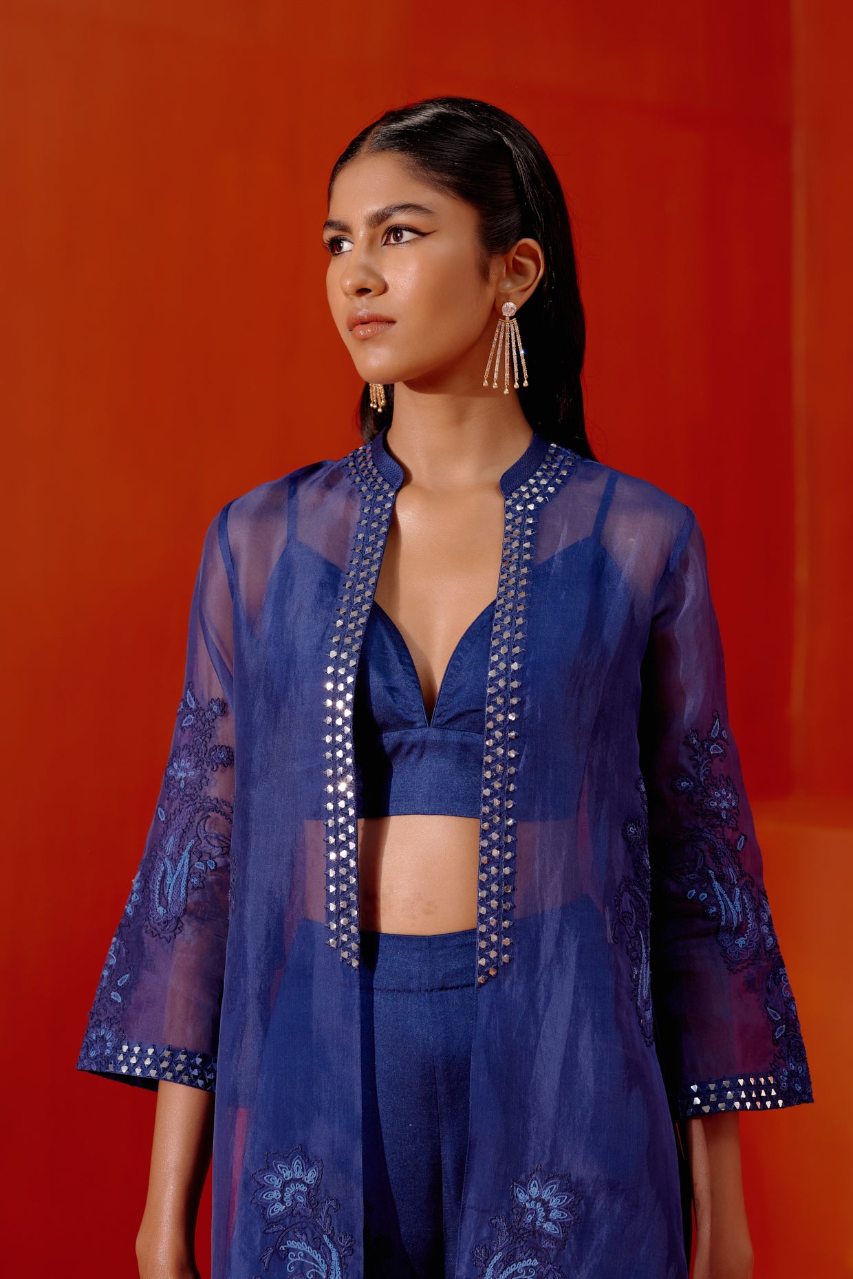 Blue Embroidered Cape and Pant Set
