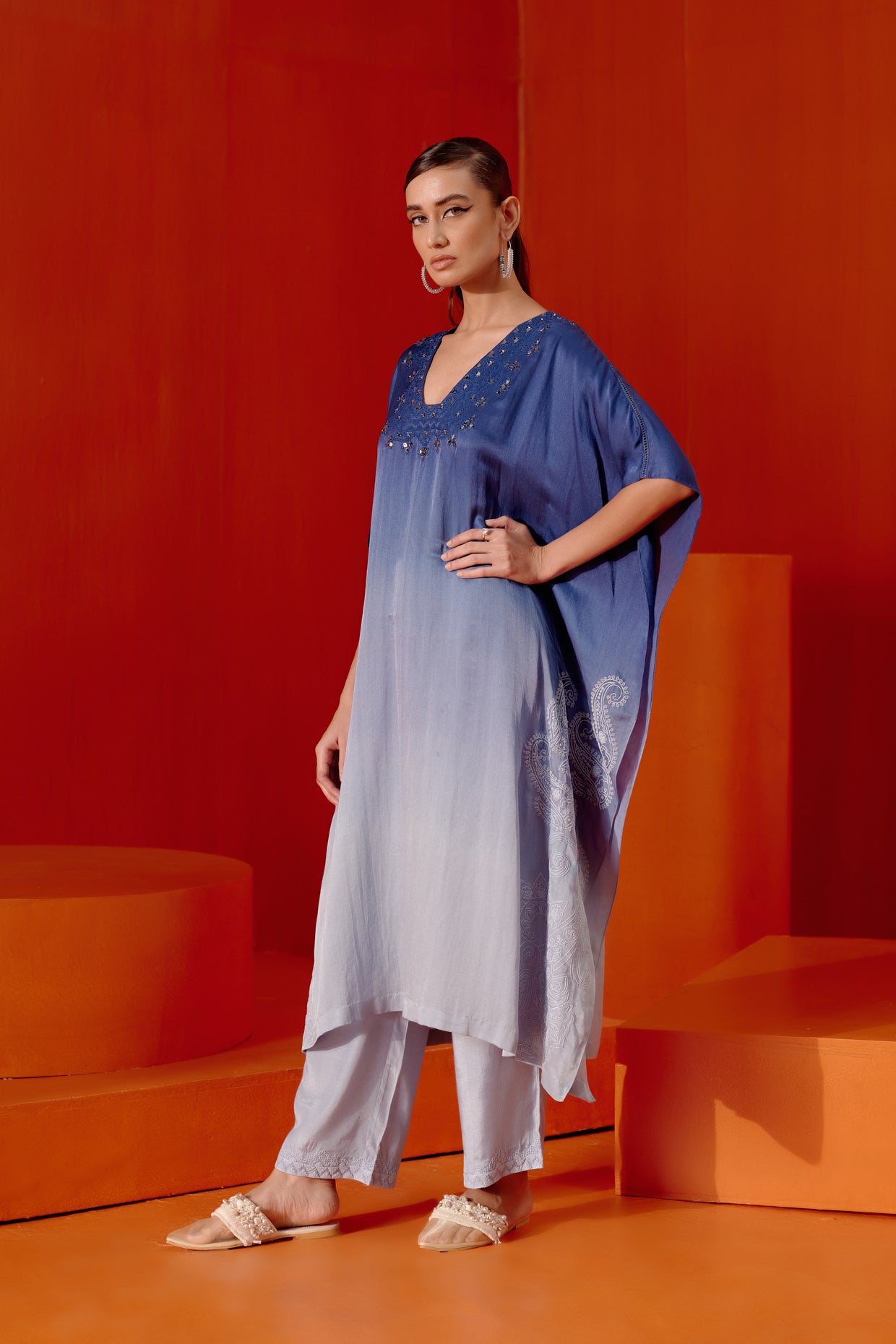Blue Ombre Mirror Embroidered Kaftan Set