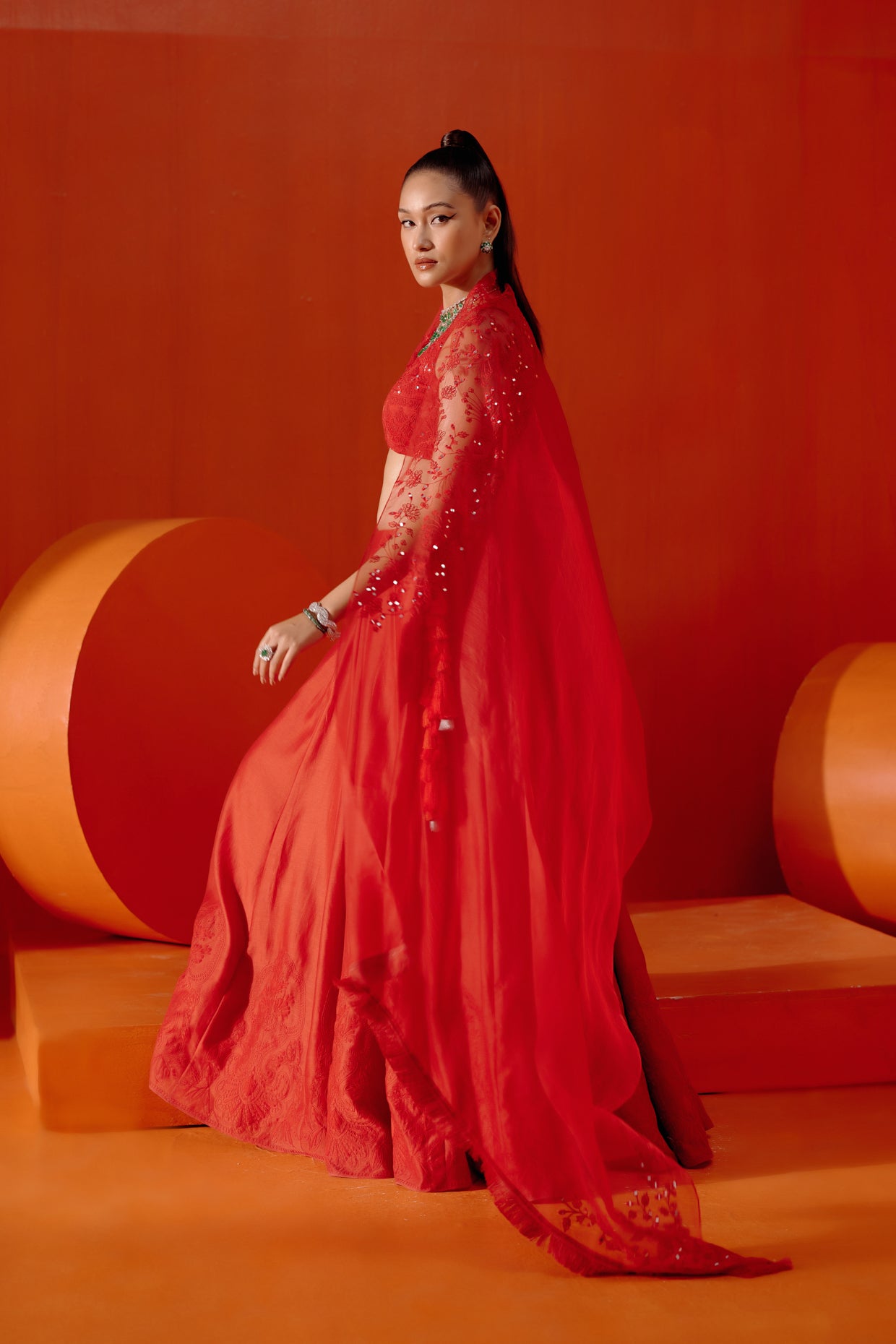 Red Embroidered Silk Chanderi Lehenga Set