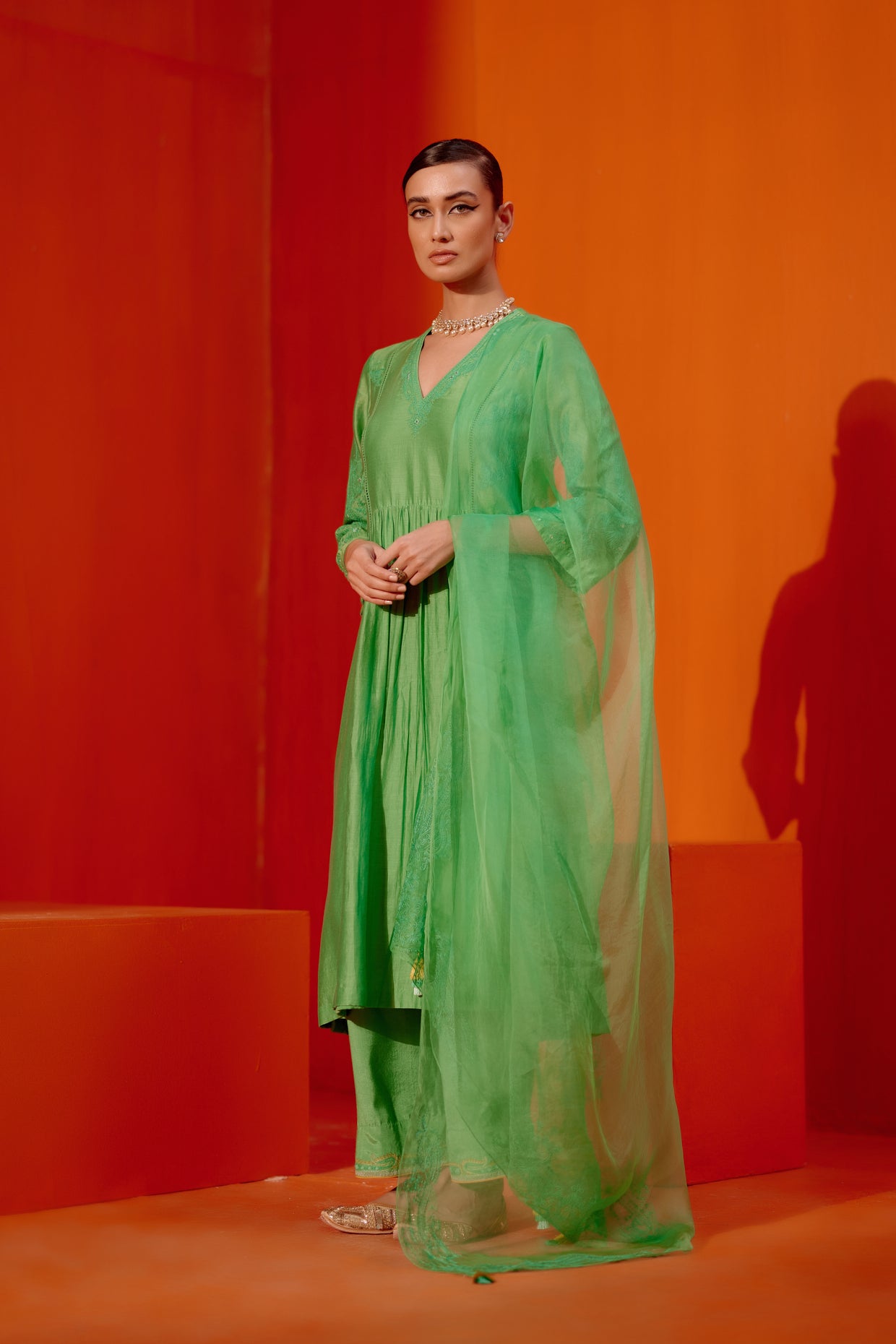 Green Silk Chanderi Patra Embellished Kurta Set
